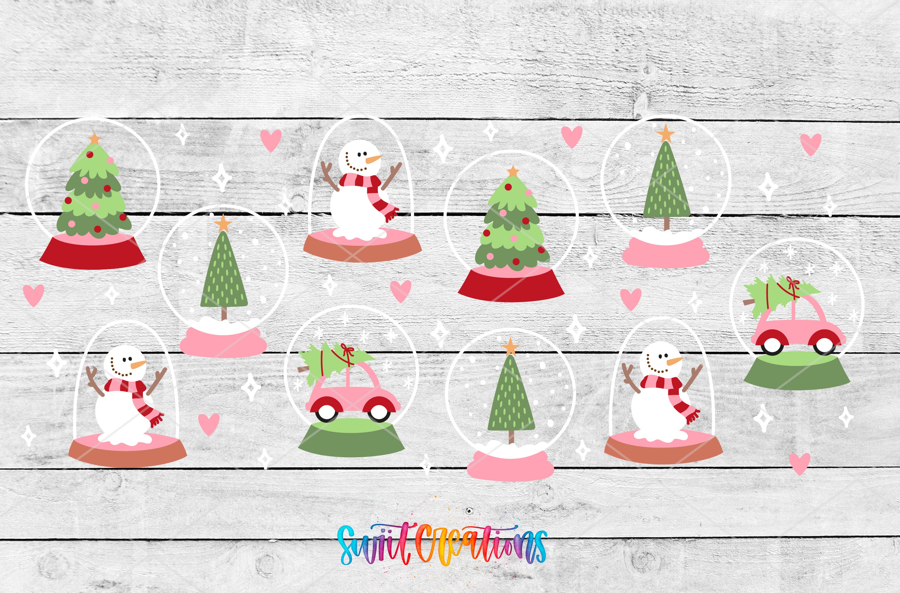 The image is a collage of various Christmas-themed illustrations, including snowmen, Christmas trees, and snow globes, all set against a white wooden background.