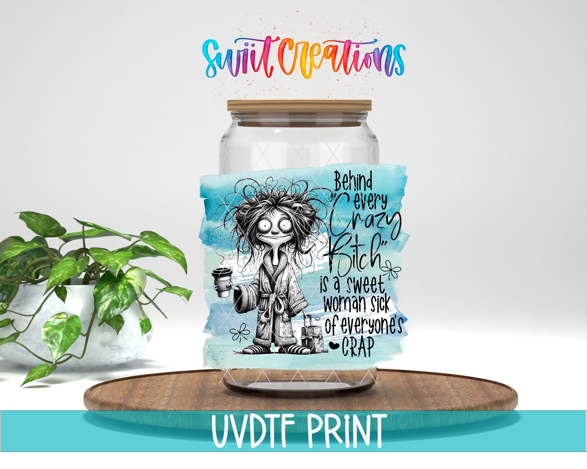 a jar with a label that includes a cartoon character and text, placed on a wooden surface.