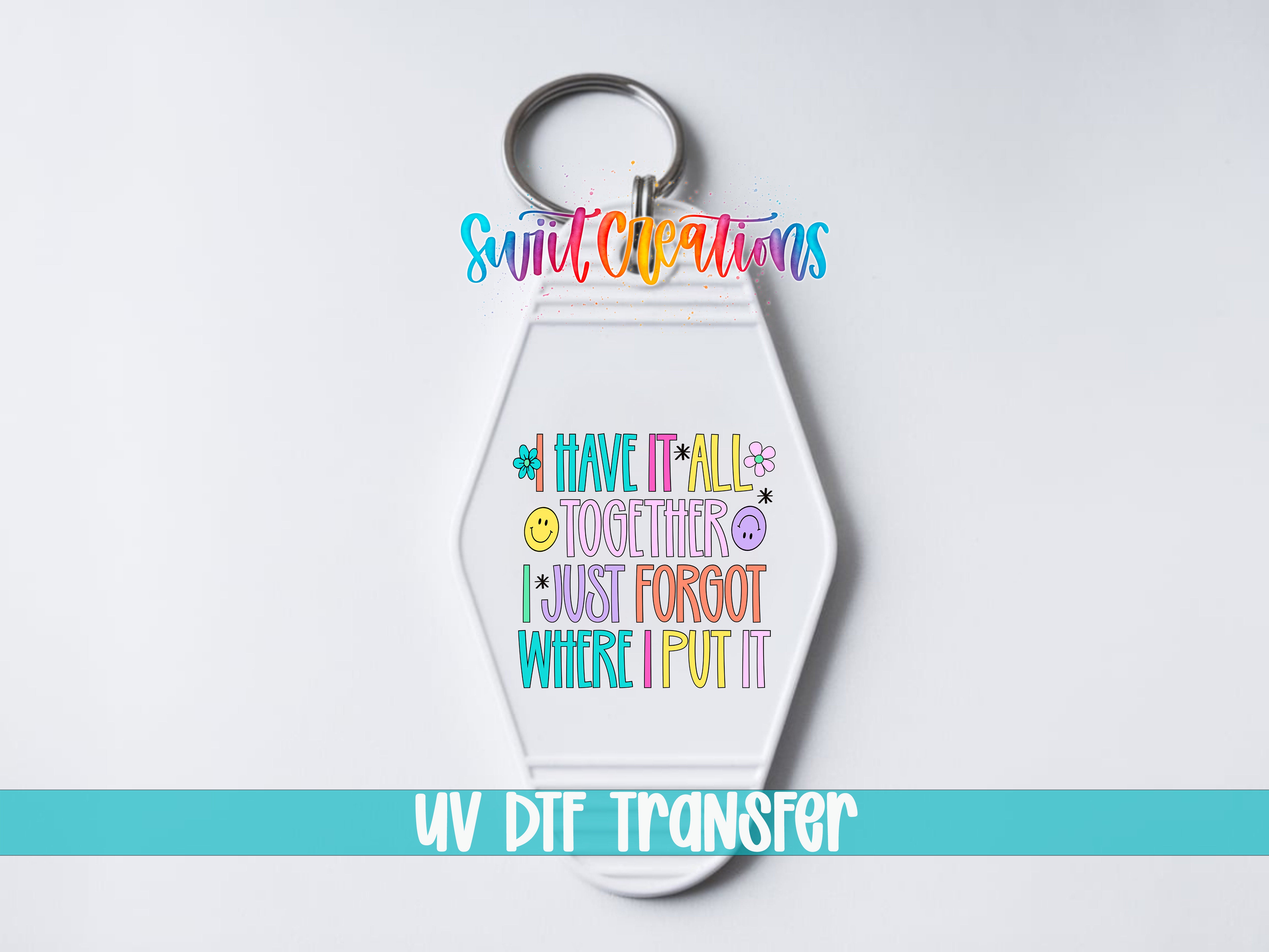 A keychain with a colorful design and text on it.