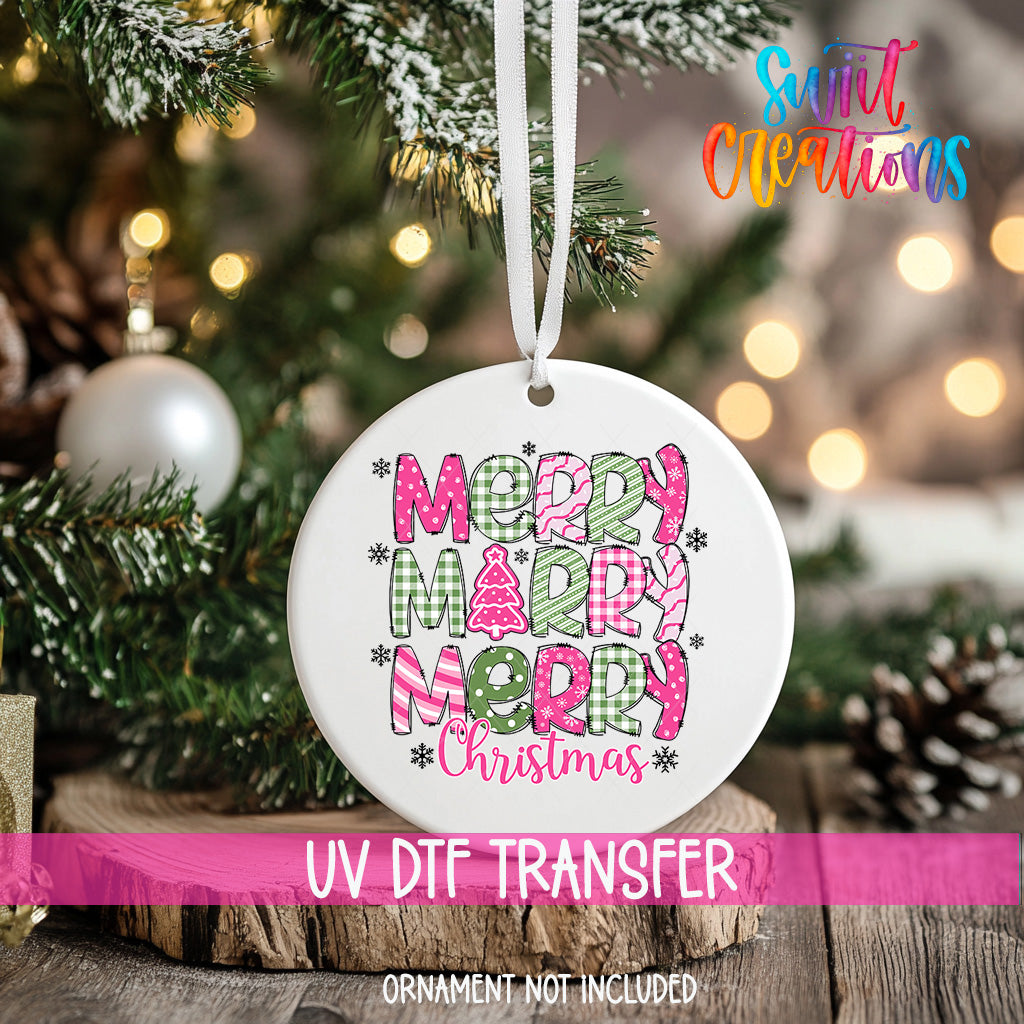 A white Christmas ornament with the text "Merry Merry Merry Christmas" printed on it, hanging on a Christmas tree.