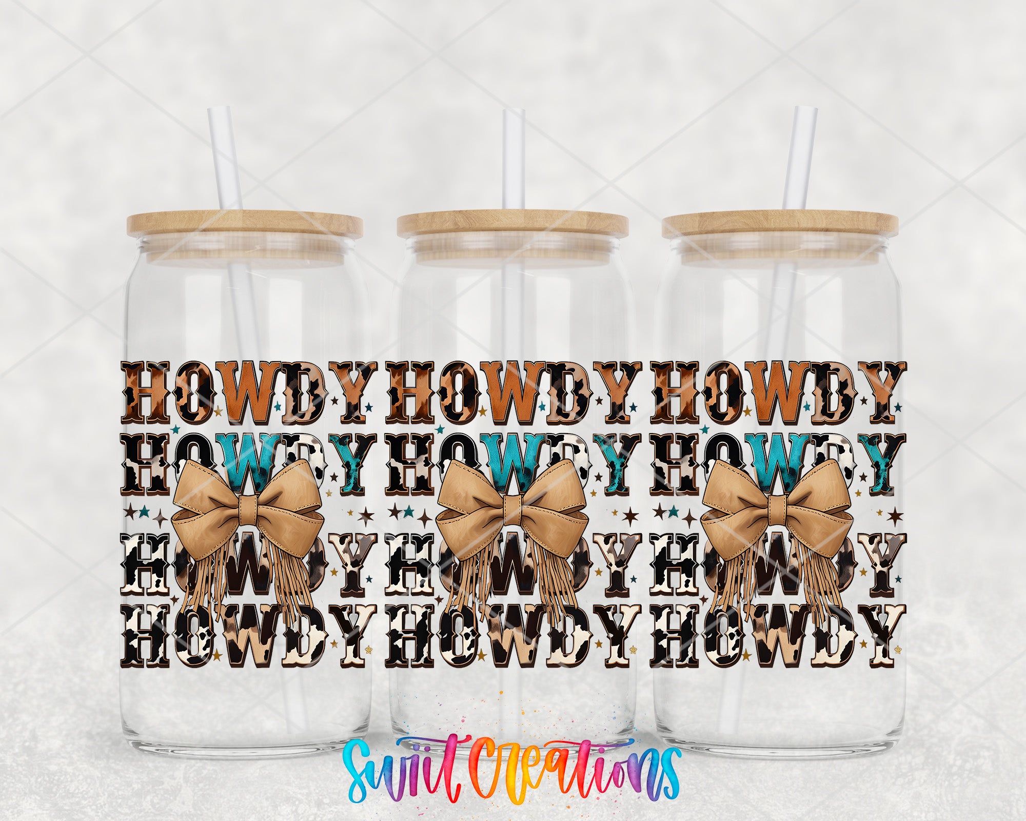 three glass jars with wooden lids, each with a straw. The jars are decorated with the phrase "Howdy Howdy Howdy Howdy" written in a playful, western-style font.