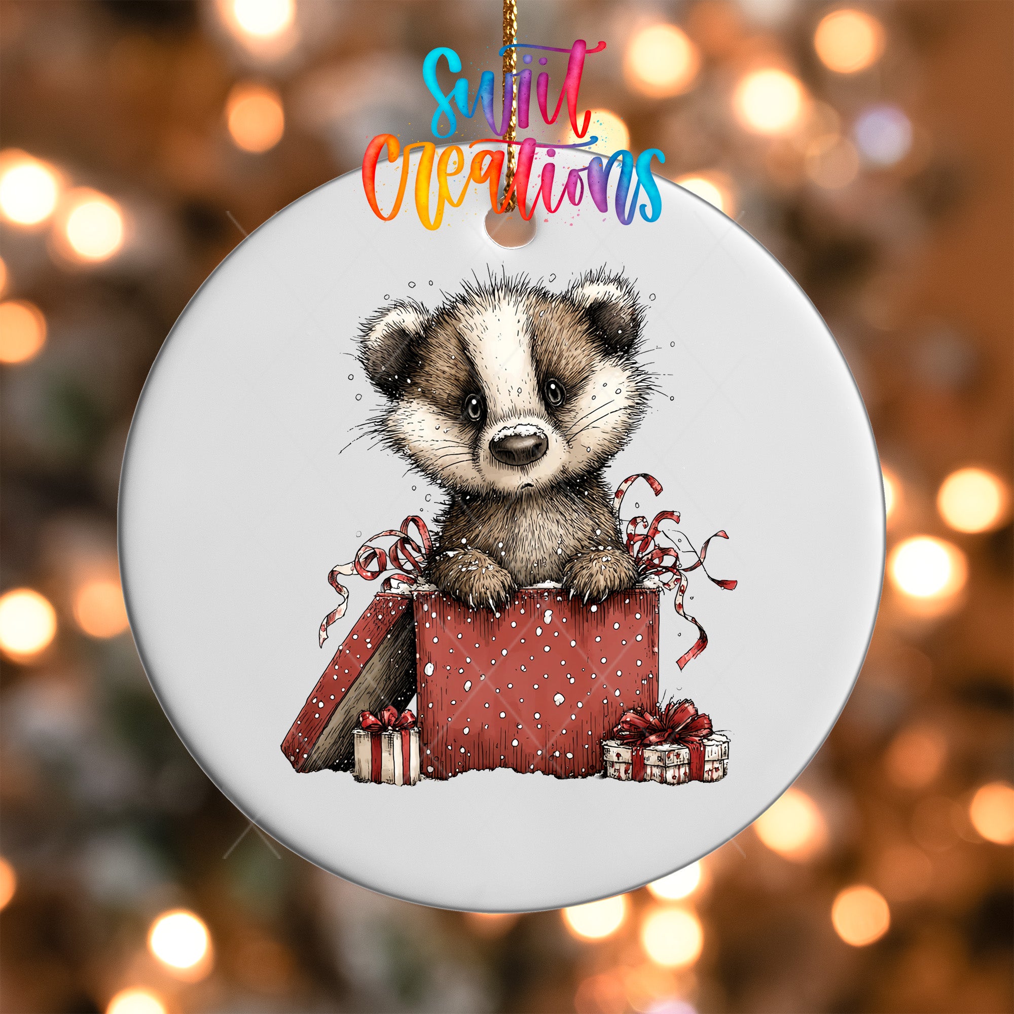 A ceramic ornament featuring a cute badger sitting inside a red gift box, surrounded by presents and ribbons.