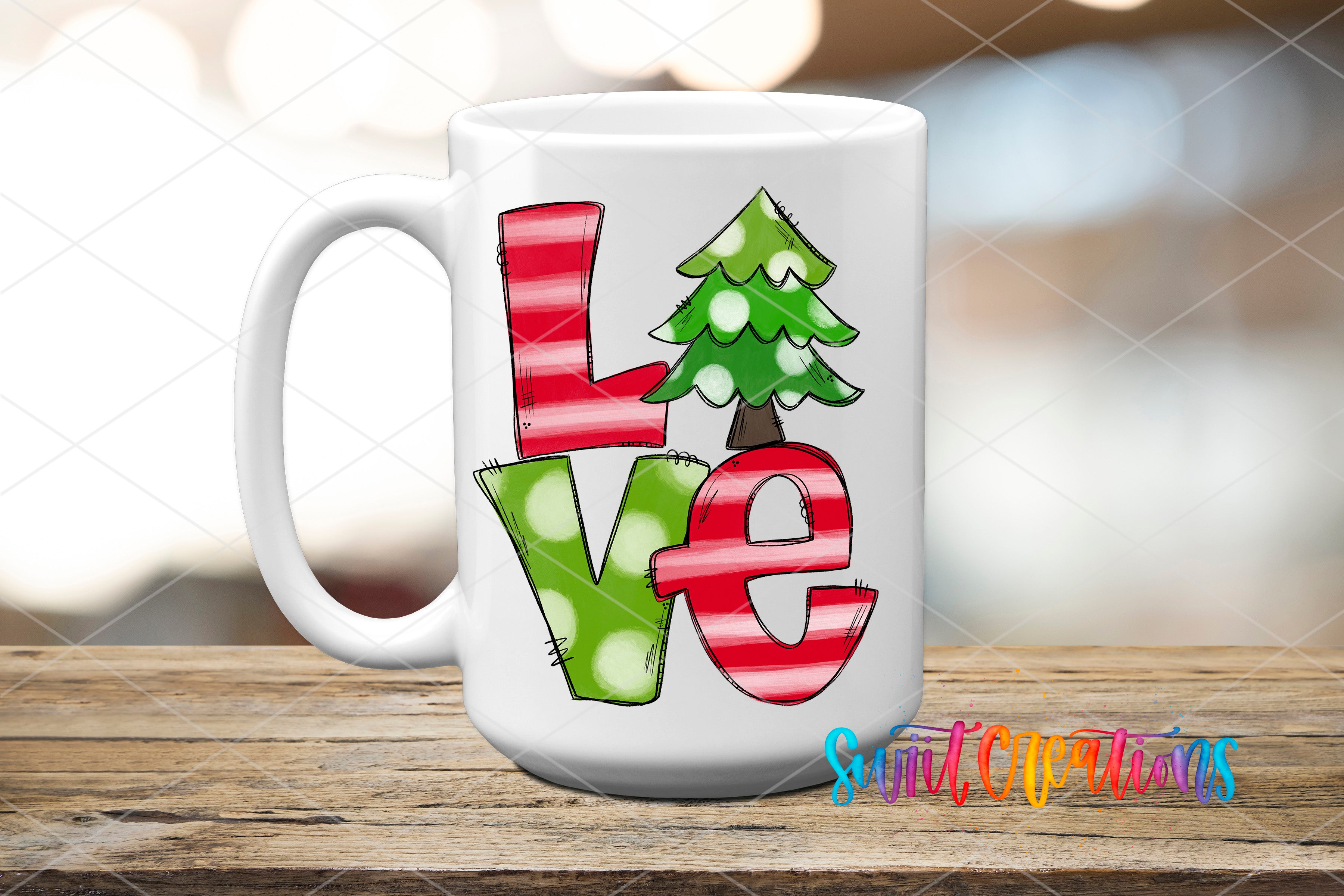 A white ceramic mug with a colorful design featuring the word "LOVE" in a stylized font, with a Christmas tree and red and green stripes.