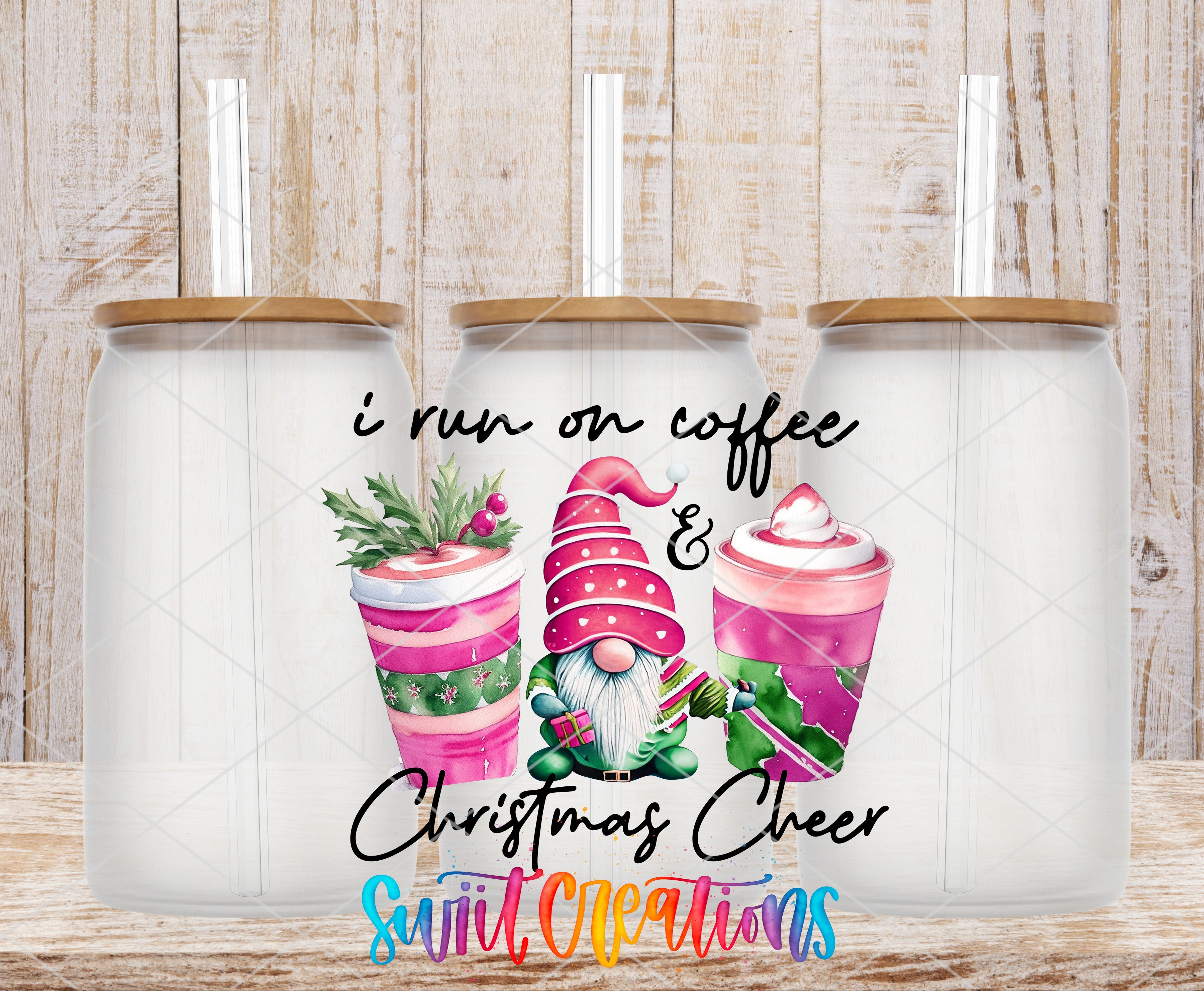 three colorful coffee cups with whimsical gnome designs, accompanied by the text "I run on coffee & Christmas cheer" and "suitable creations".