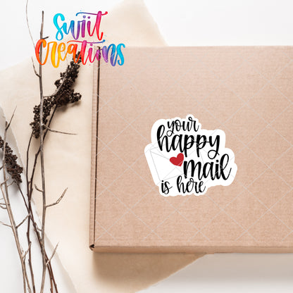 a box with a sticker that says your happy mail is mine