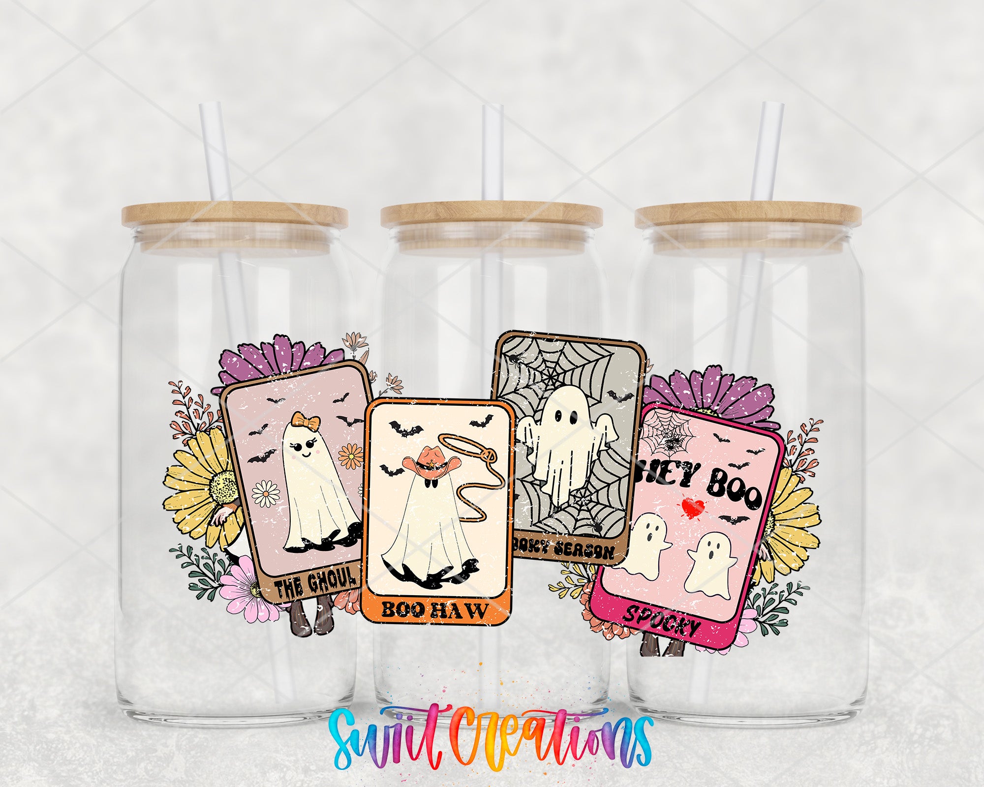 three glass jars with Halloween-themed labels, including a ghost, a spider, and a "Spooky" label.