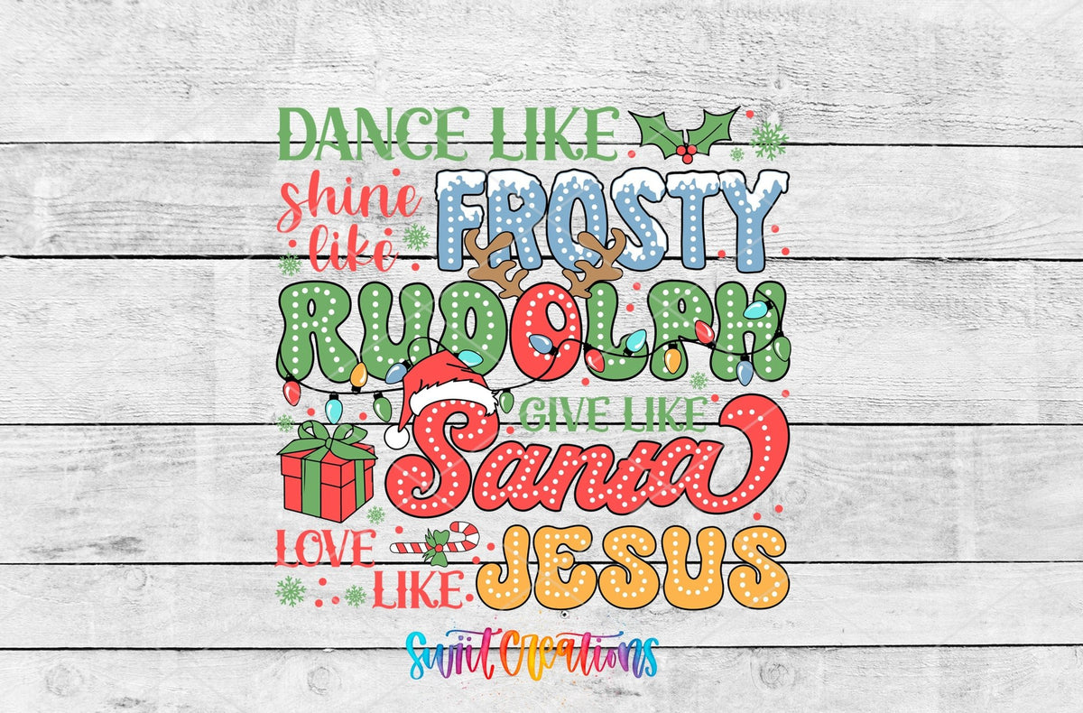 Swiit Creations UV DTF Dance Frosty Shine Rudolph transfer shown as the full artwork preview