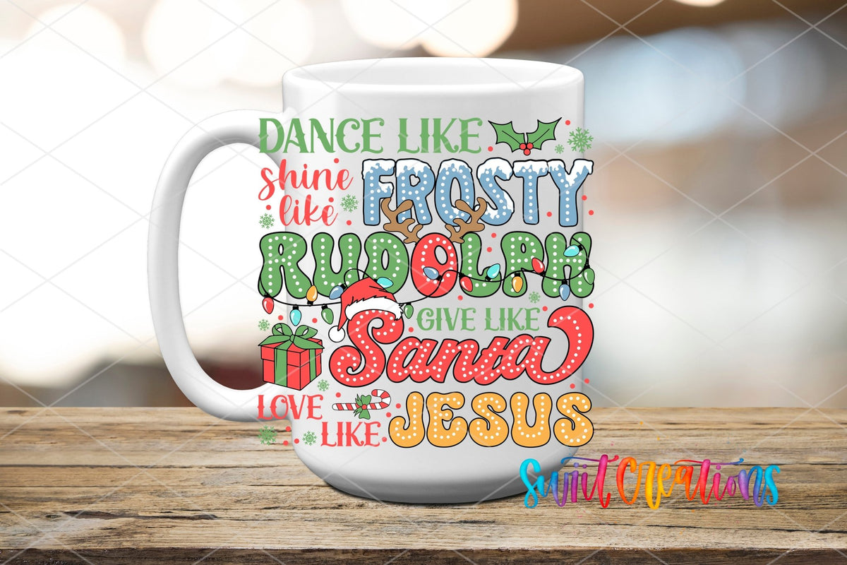 Swiit Creations UV DTF Dance Frosty Shine Rudolph transfer applied to a white ceramic mug