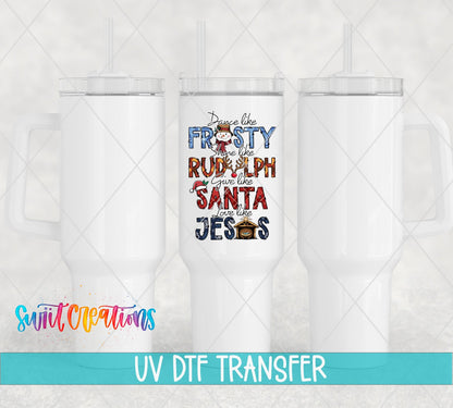 Swiit Creations UV DTF Dance Frosty Shine Rudolph transfer shown on a white tumbler set