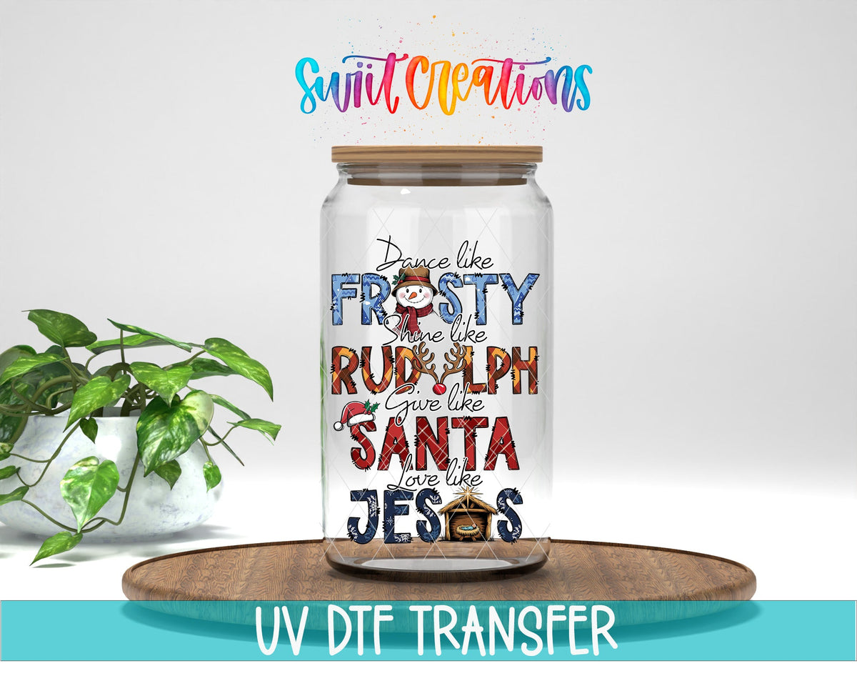 Swiit Creations UV DTF Dance Frosty Shine Rudolph transfer displayed on a clear jar mockup