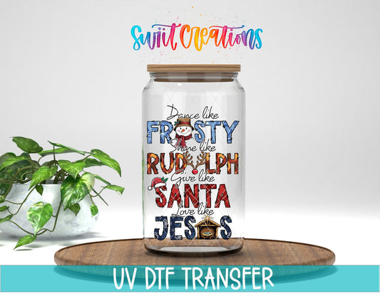 Swiit Creations UV DTF Dance Frosty Shine Rudolph transfer displayed on a clear jar mockup