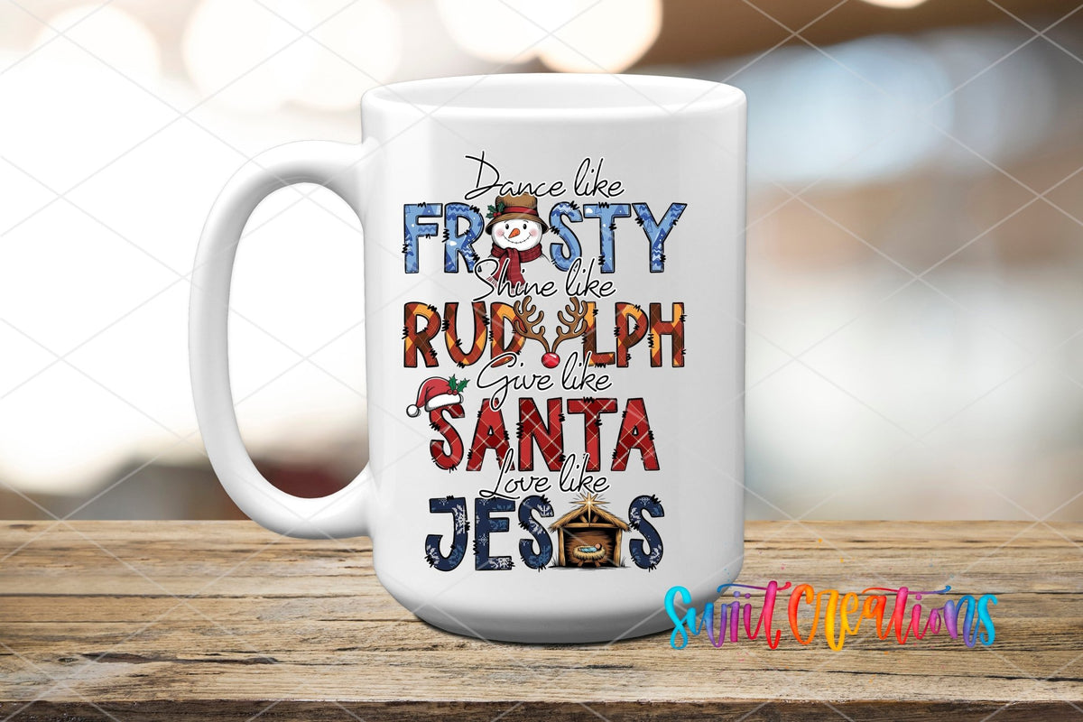 Swiit Creations UV DTF Dance Frosty Shine Rudolph transfer applied to a white ceramic mug
