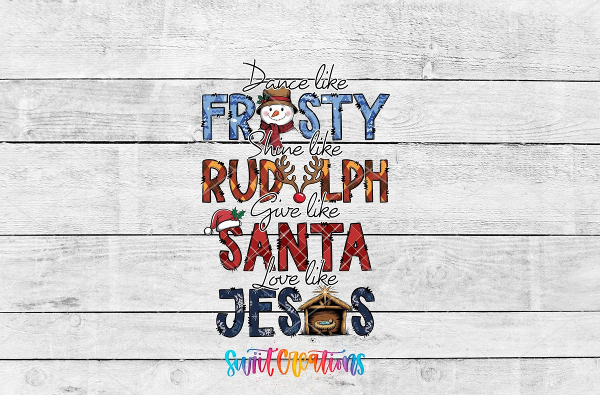 Swiit Creations UV DTF Dance Frosty Shine Rudolph transfer shown as the full artwork preview