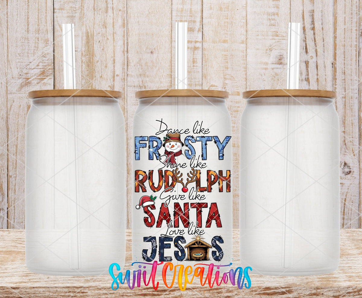 Swiit Creations UV DTF Dance Frosty Shine Rudolph transfer shown on a clear glass can set
