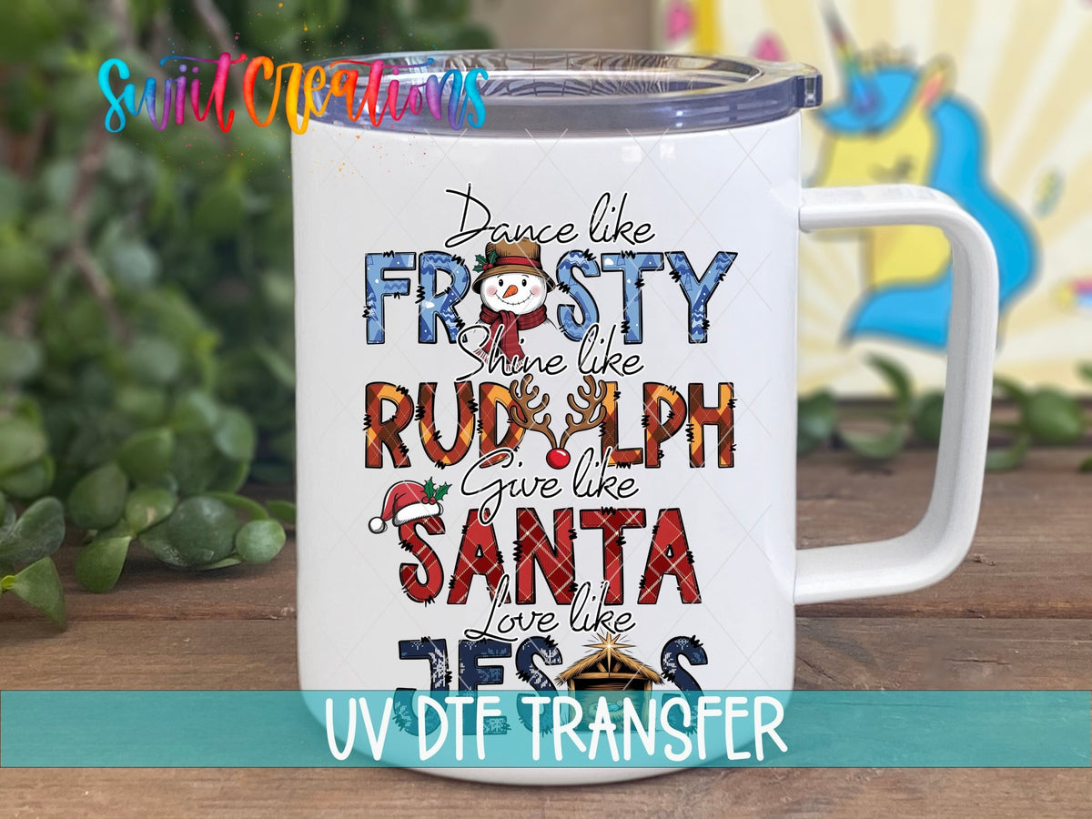 Swiit Creations UV DTF Dance Frosty Shine Rudolph transfer displayed on a white coffee mug