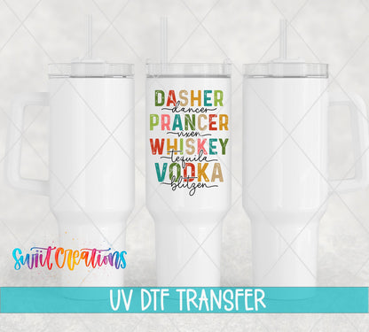 Swiit Creations UV DTF Reindeer Names and Holiday Spirits transfer shown on a white tumbler set