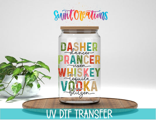 Swiit Creations UV DTF Reindeer Names and Holiday Spirits transfer displayed on a clear jar mockup