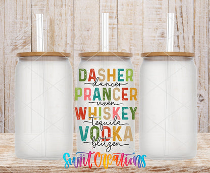 Swiit Creations UV DTF Reindeer Names and Holiday Spirits transfer shown on a clear glass can set