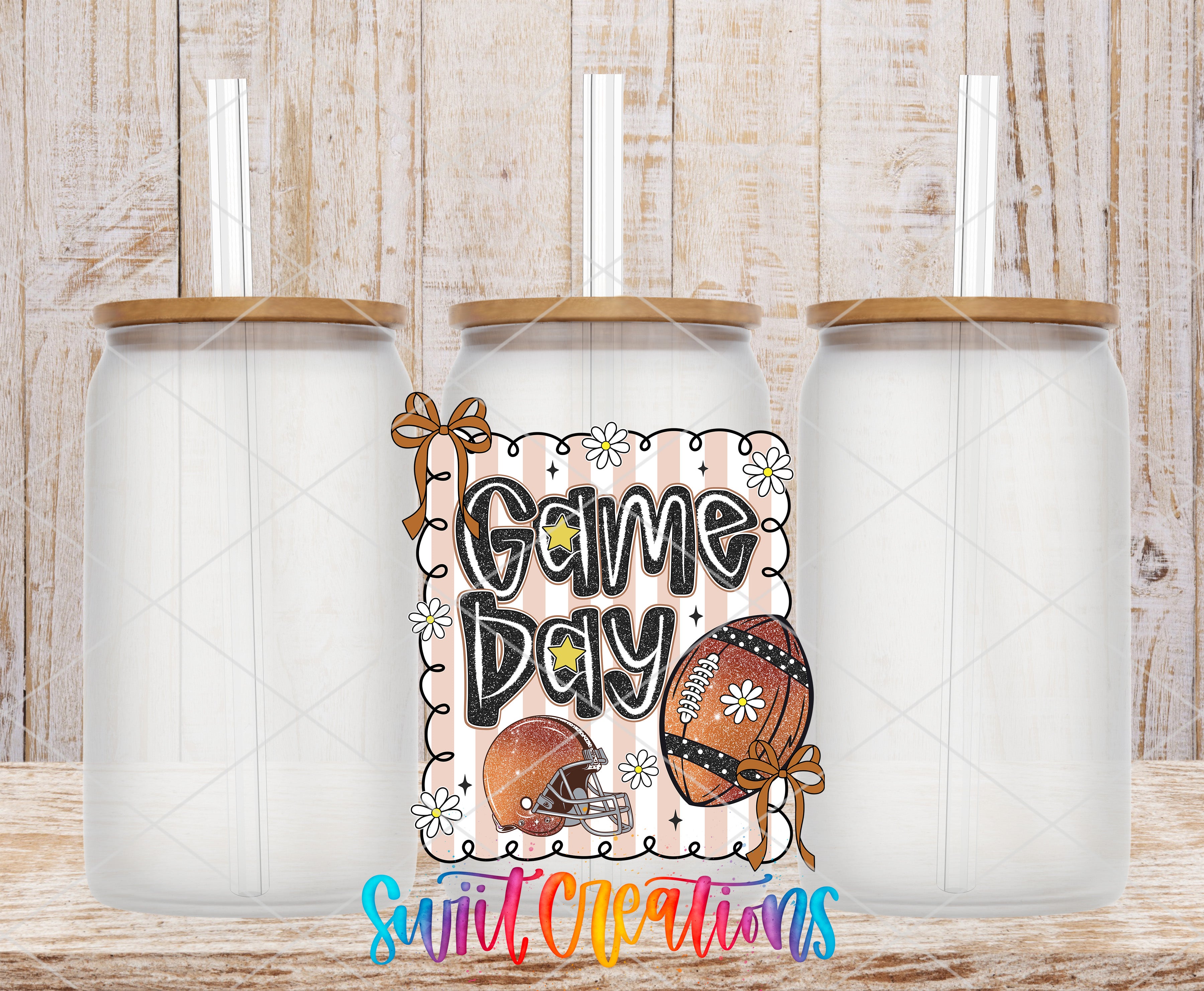 three glass jars with lids, arranged in a row, and a colorful graphic design in the center that says "Game Day".