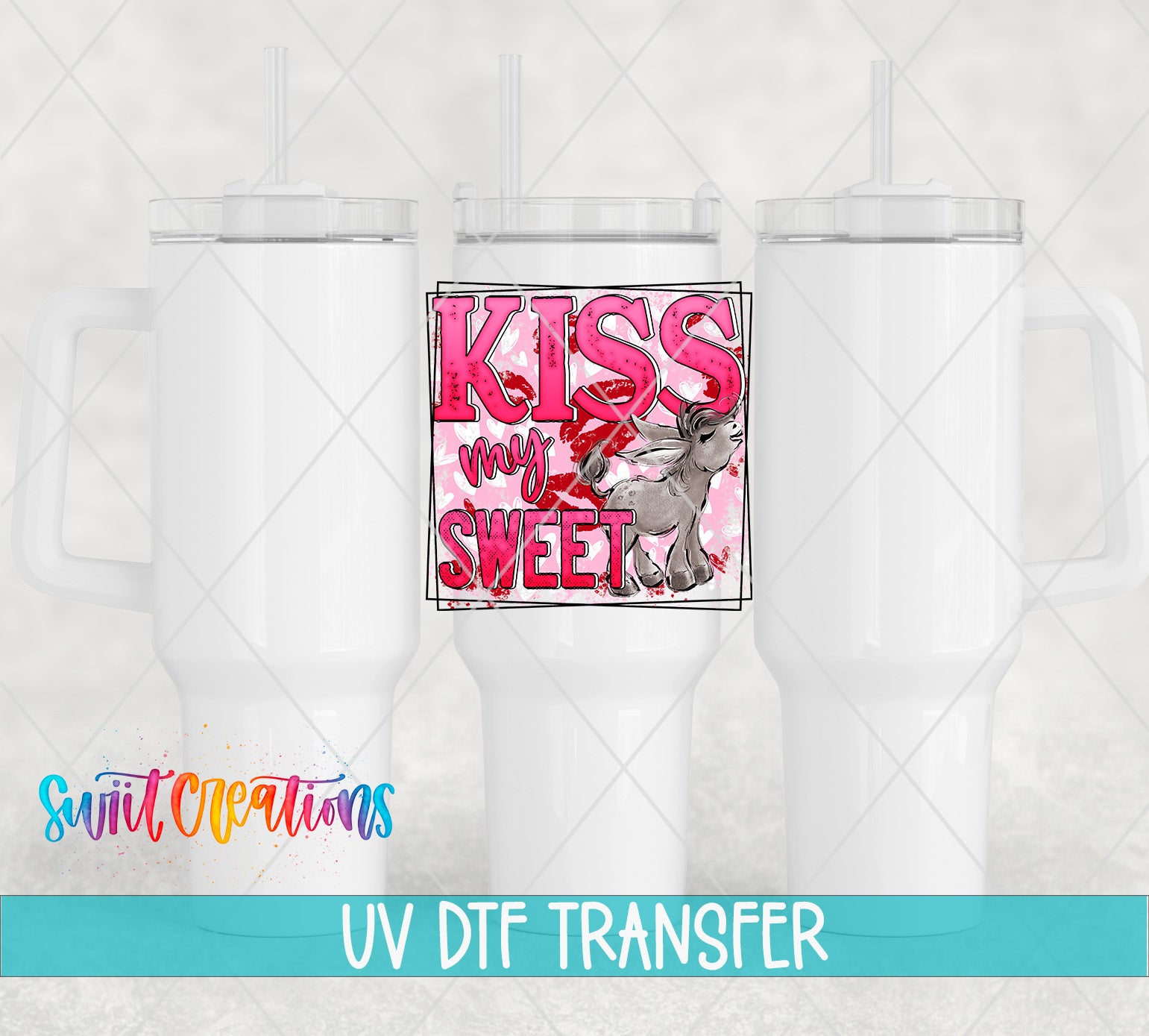three white tumblers with a pink and purple design on the front, including a cartoon character and the text "KISS my SWEET".
