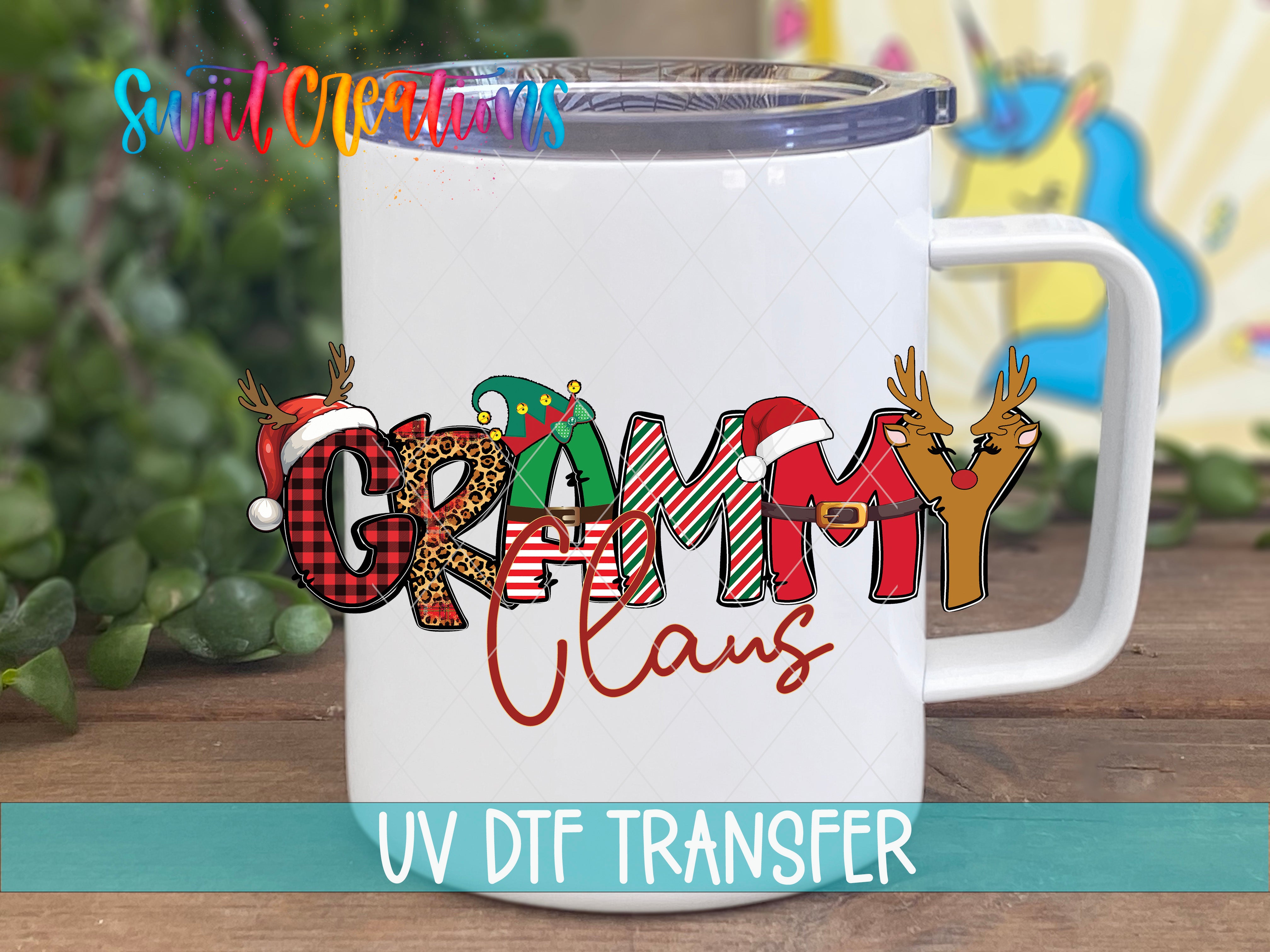 A white mug with a colorful design featuring the text "GRAMMY CLANS" and various Christmas-themed elements such as reindeer, Santa hats, and snowflakes.