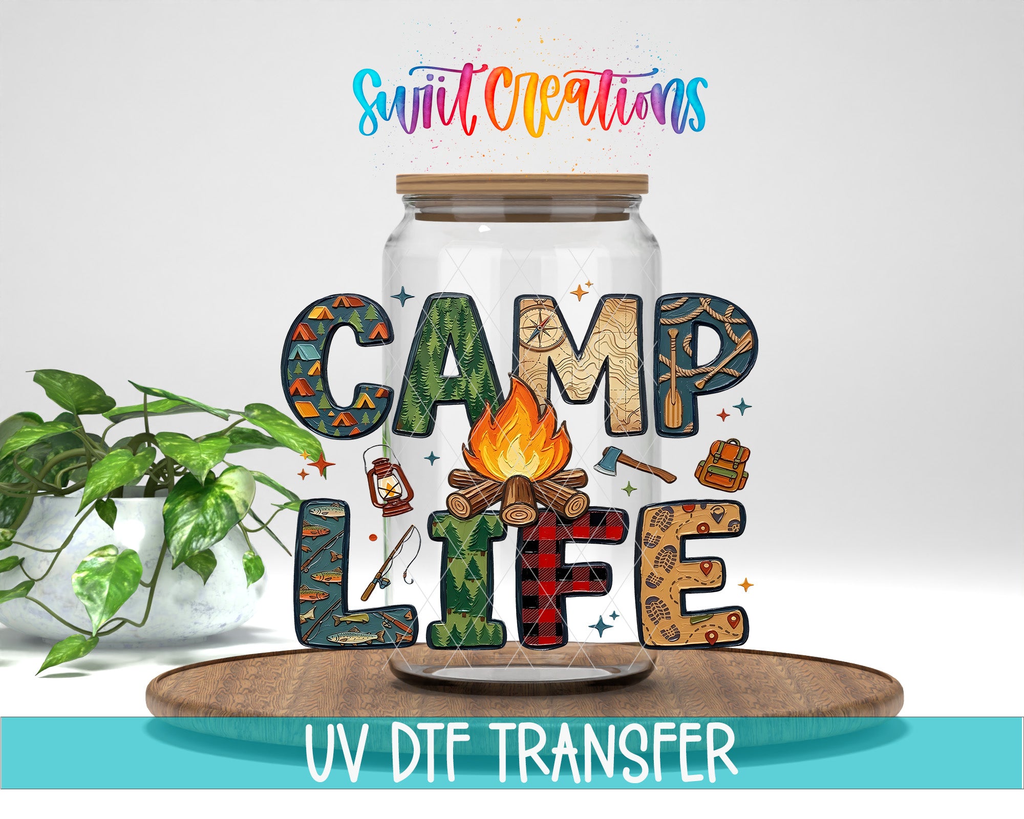 a glass jar with the word "CAMP LIFE" written on it, surrounded by various camping-related items such as a campfire, tent, and backpack.