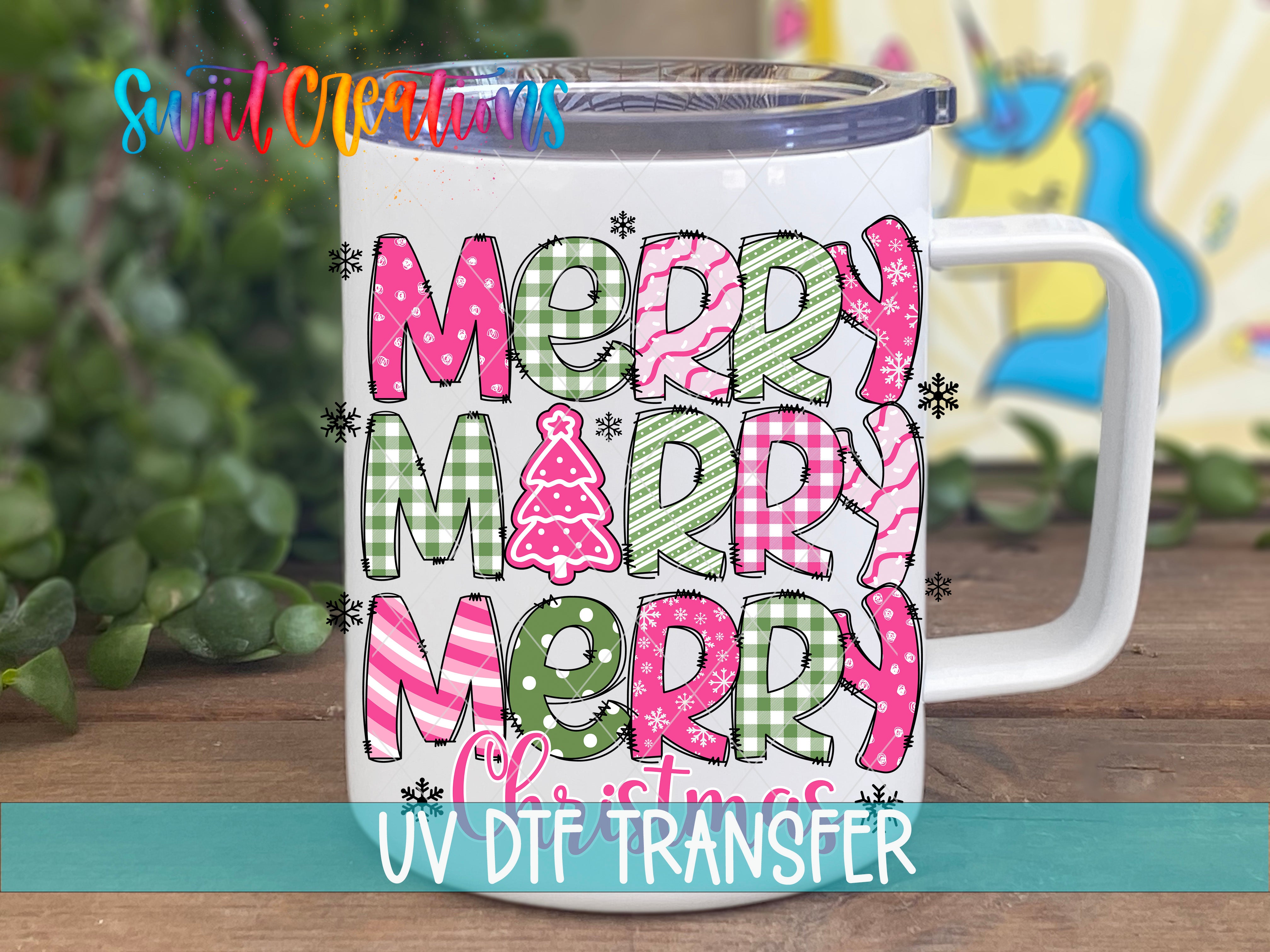 A white mug with a colorful design featuring the text "MERRY MERRY MERRY" in various colors and patterns.