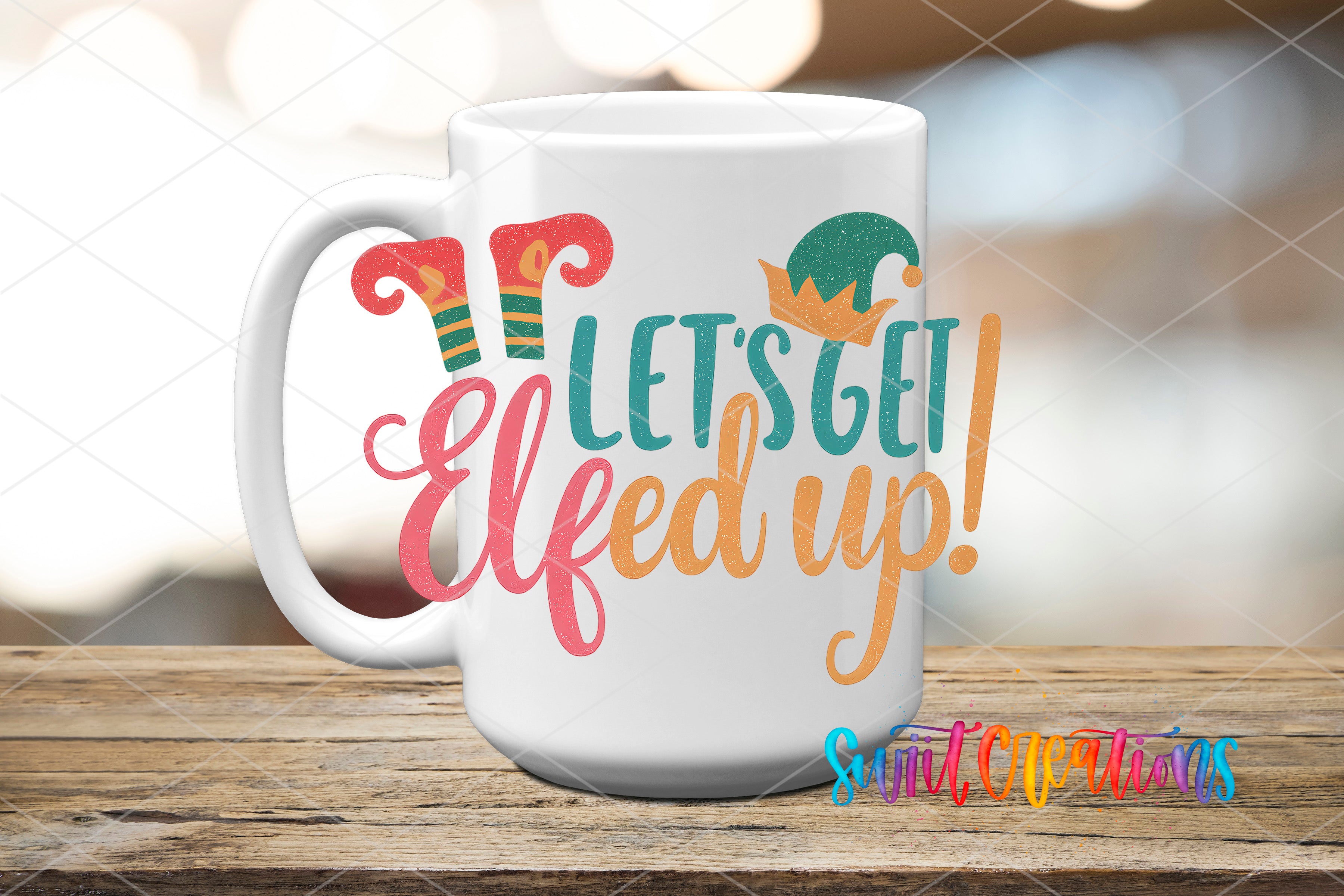 A white mug with a colorful design featuring a pair of elf-like feet and the text "Let's get Elfed up!"