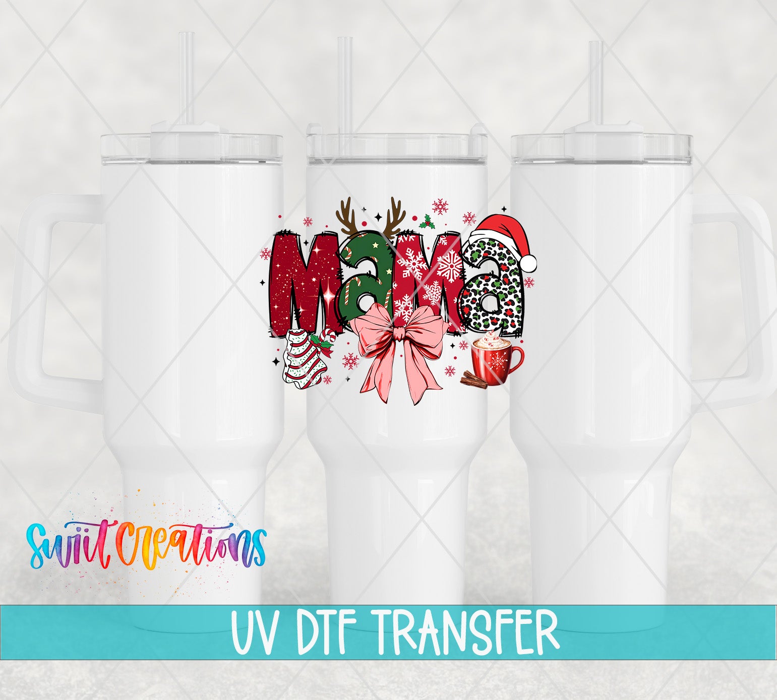 three white tumblers with a colorful and festive design on them, including the word "Mama" and various Christmas-themed elements such as snowflakes, reindeer, and a Santa hat.