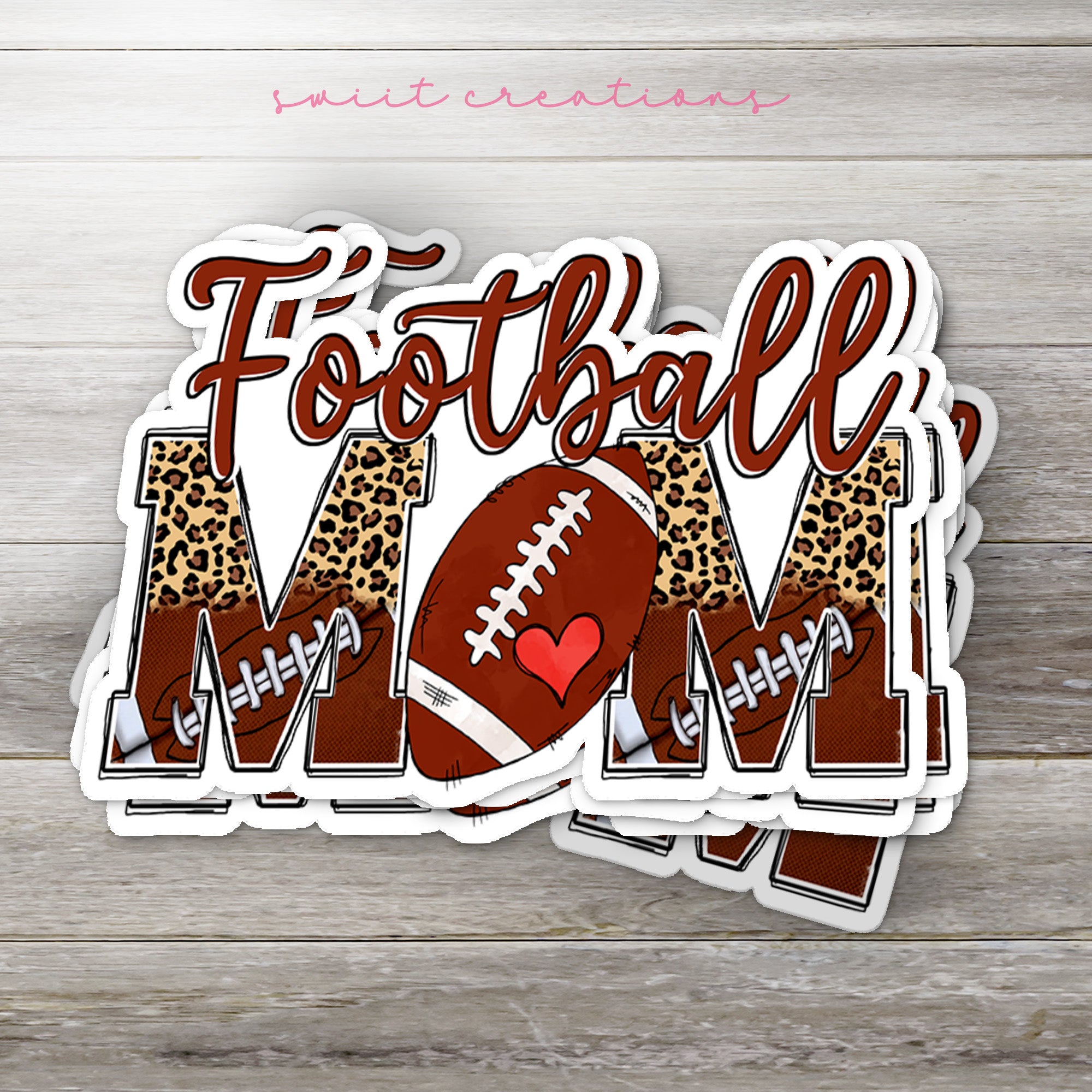 a sticker that says football mom with a leopard print