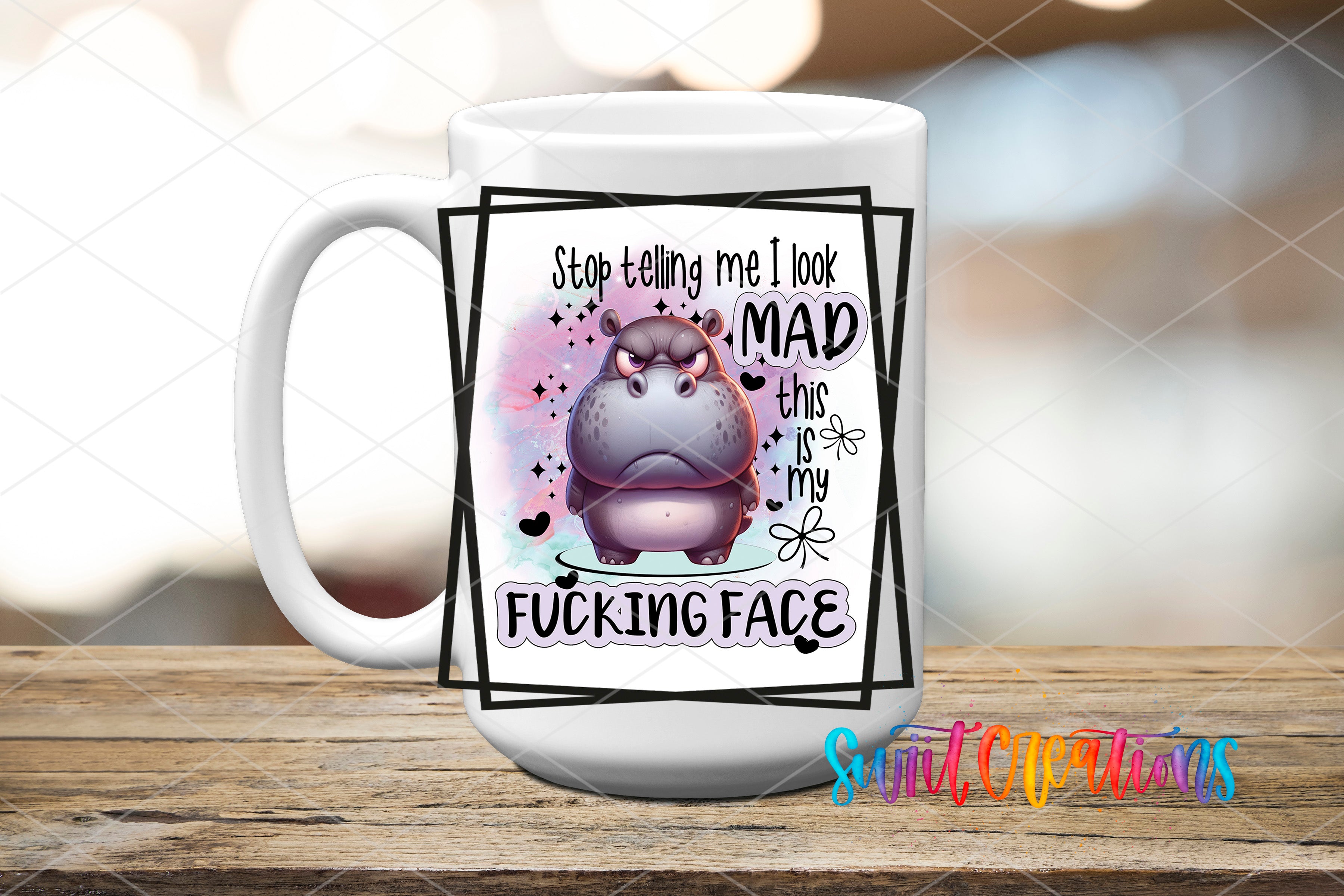 A white mug with a humorous text and graphic design featuring a cartoon hippopotamus.