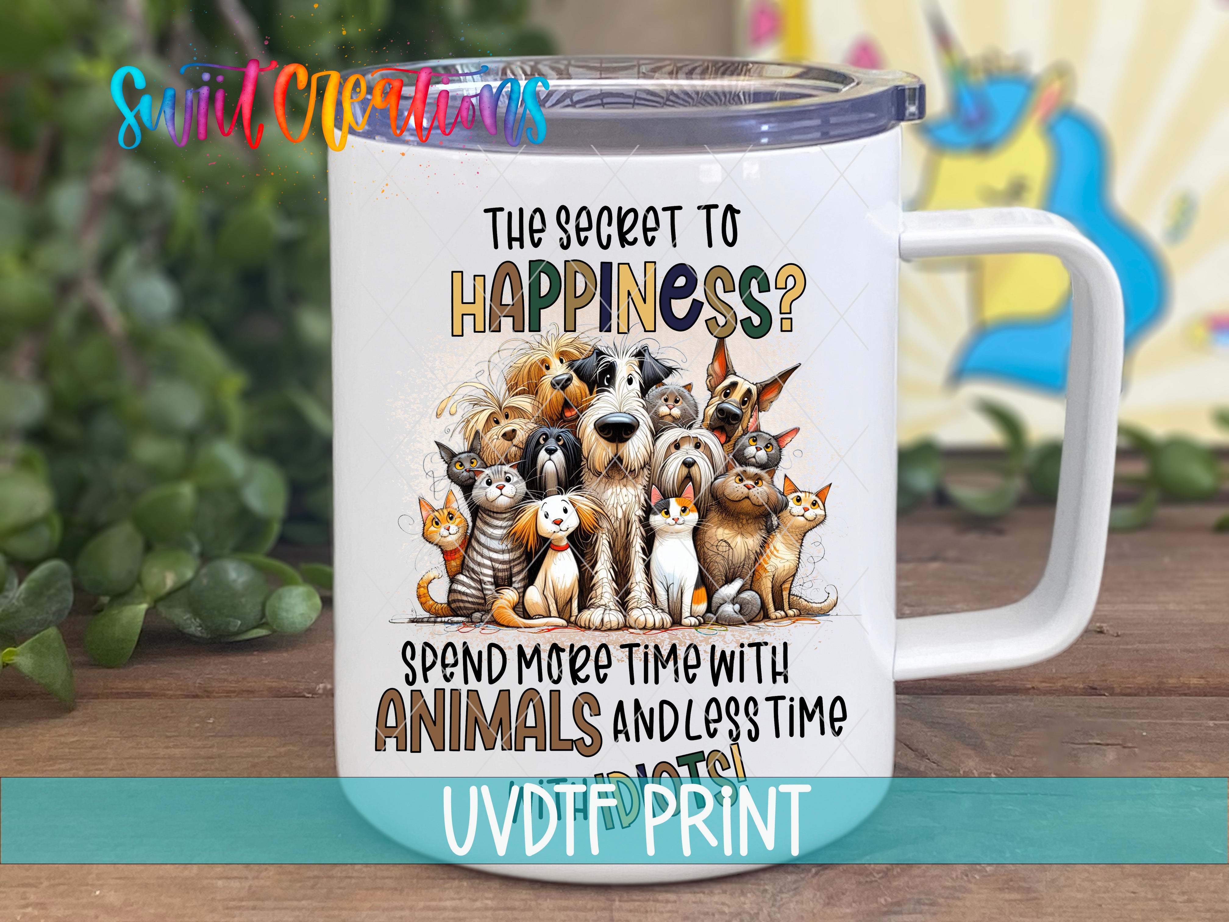 A white mug with a colorful illustration of various animals, including dogs, cats, and birds, along with text that reads "The secret to happiness? Spend more time with animals and less time with people".
