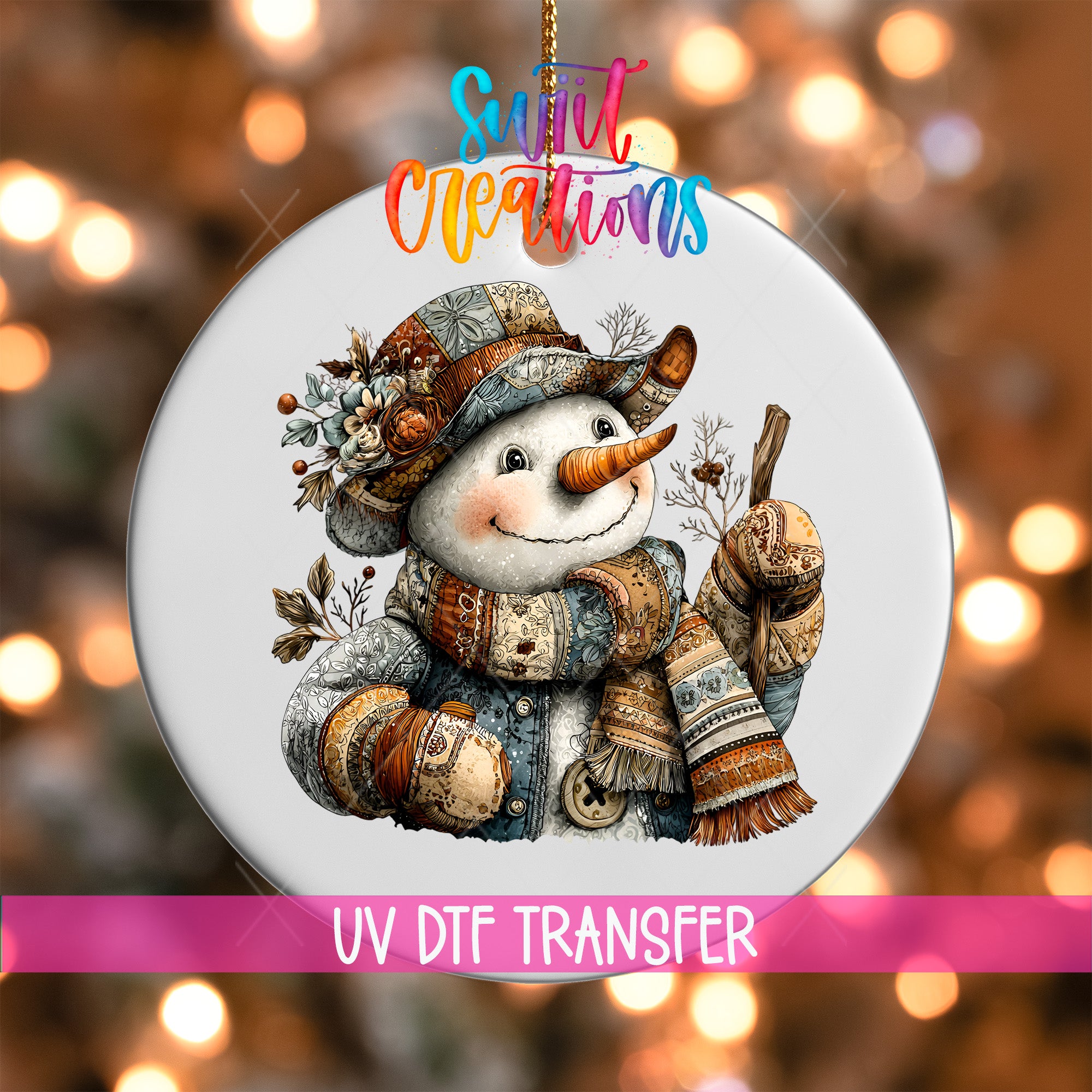 A snowman ornament with a scarf and hat, holding a broom, is displayed against a blurred background with colorful lights.