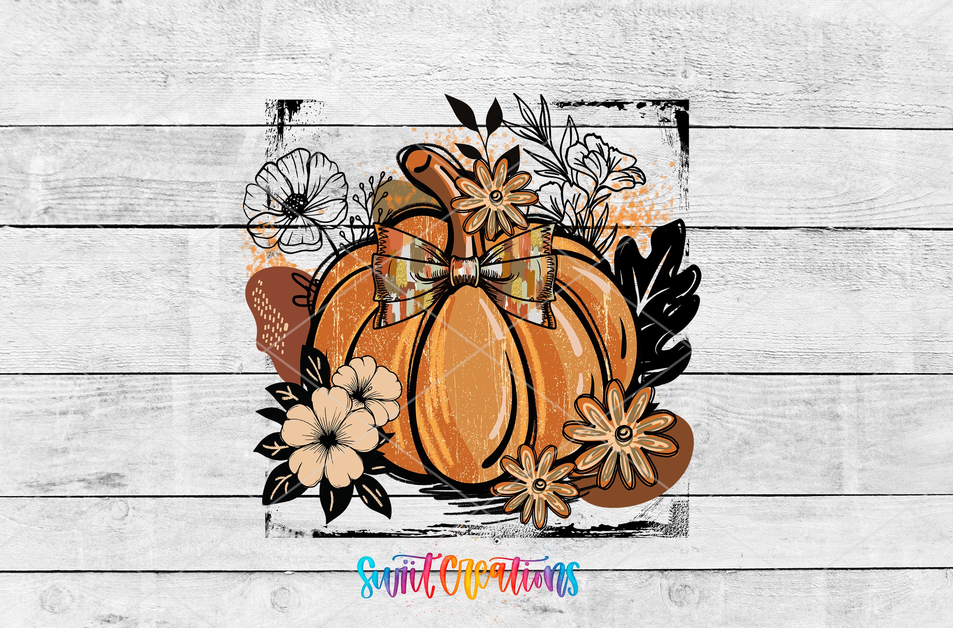A vibrant illustration of a pumpkin adorned with autumn flowers and leaves, set against a white wooden background.