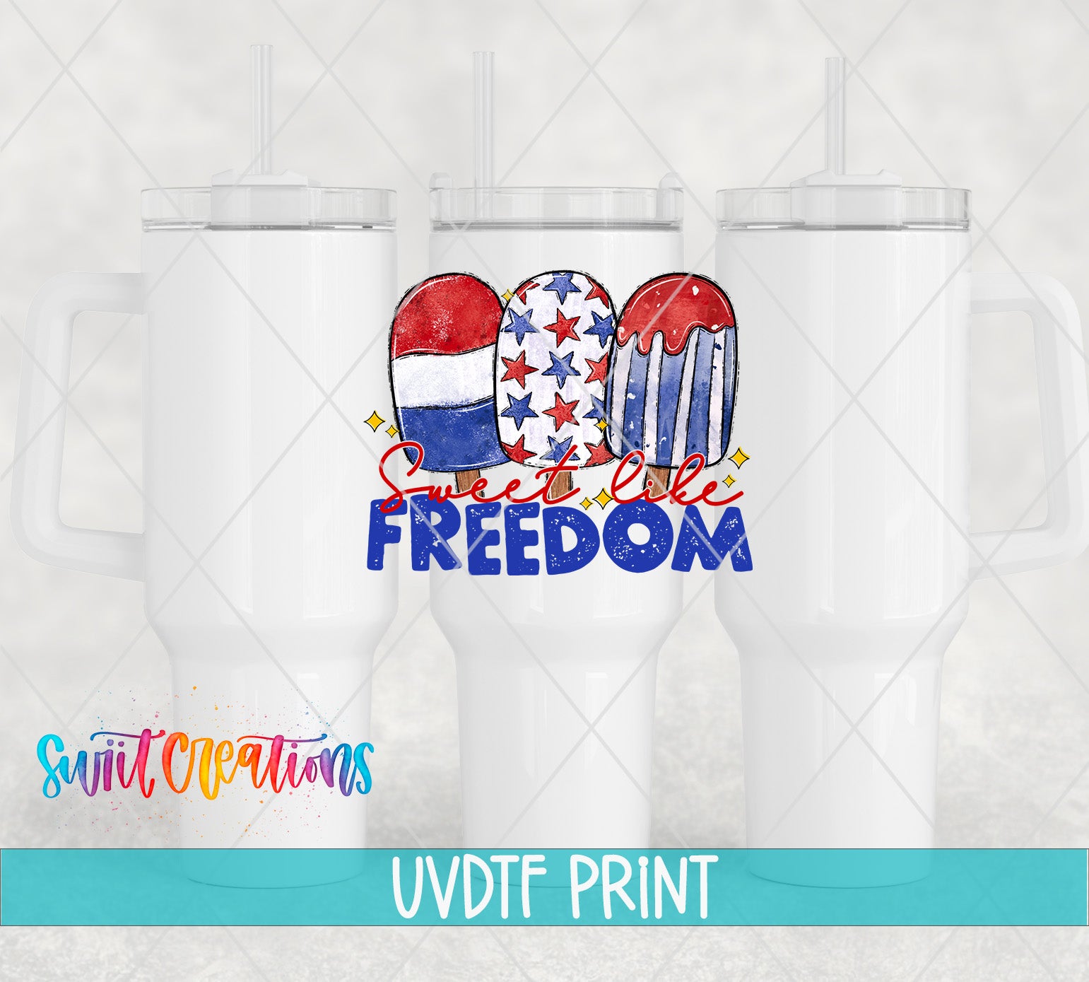a white tumbler with a patriotic design and text printed on it.