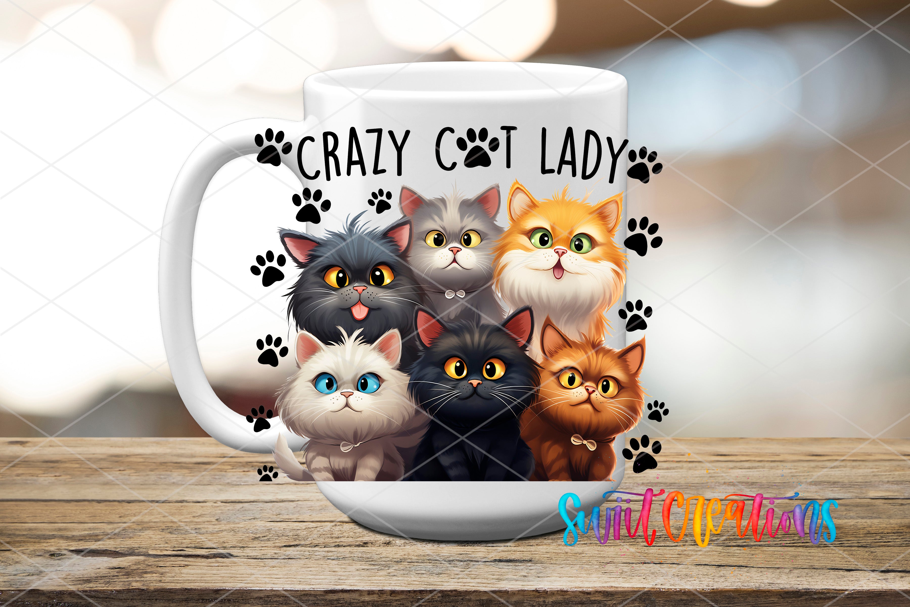 A white mug with a design featuring a group of cartoon cats with paw prints surrounding them.