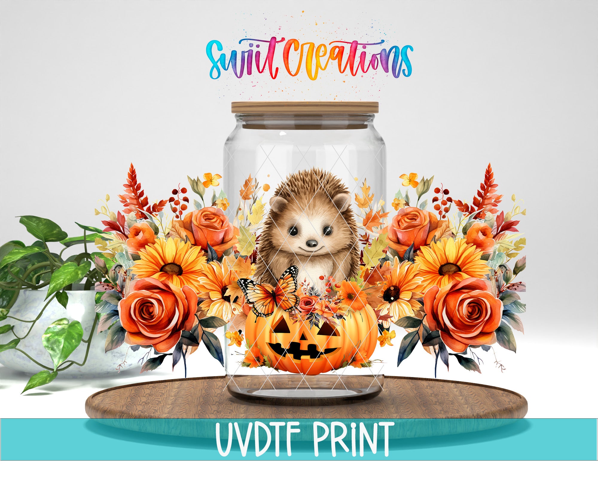 A glass jar containing a hedgehog surrounded by a pumpkin, flowers, and butterflies, with the text "Swift Creations" and "UVDF PRINT" displayed above it.
