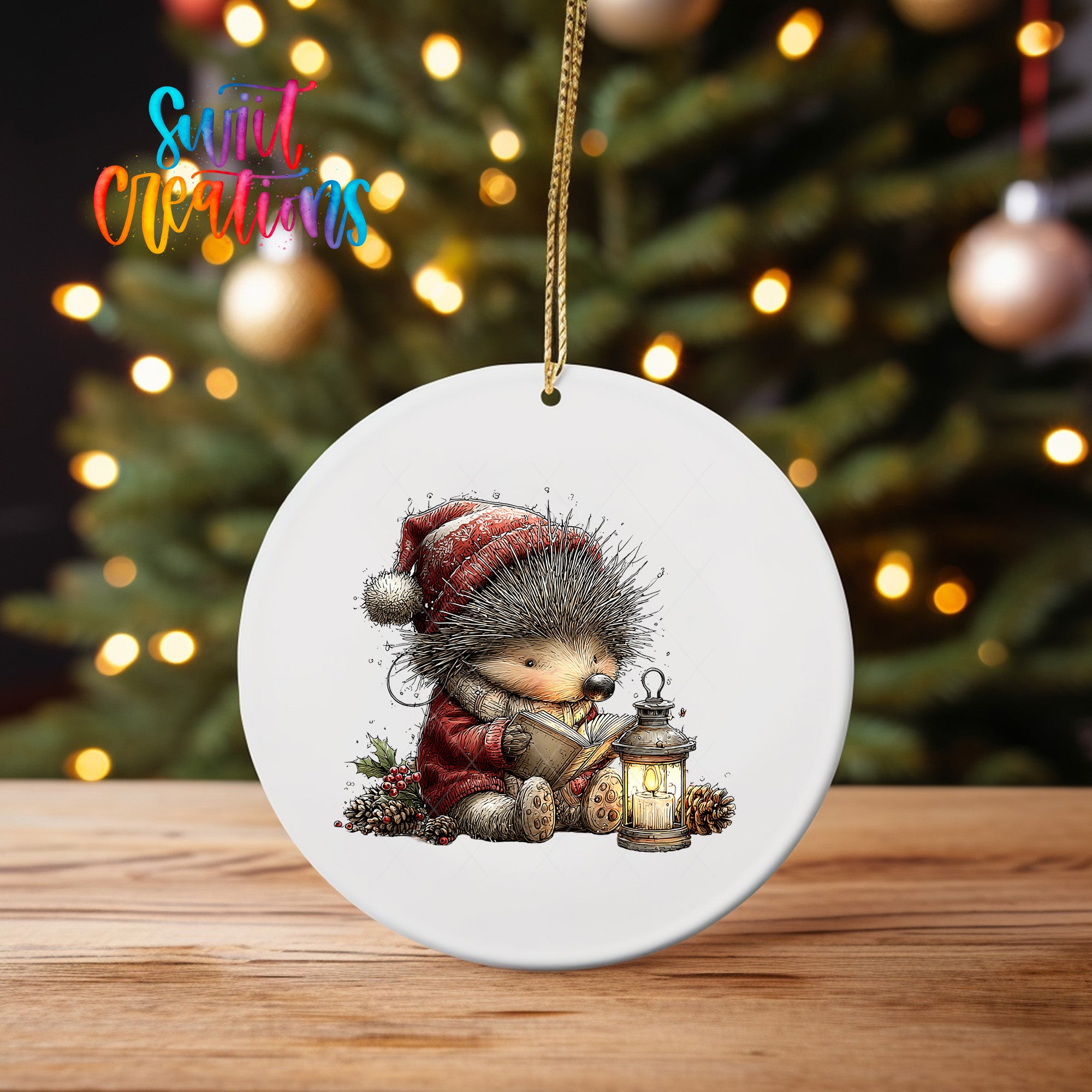A white ceramic ornament featuring a hedgehog wearing a red hat and holding a lantern, sitting on a pine cone, with a Christmas tree in the background.