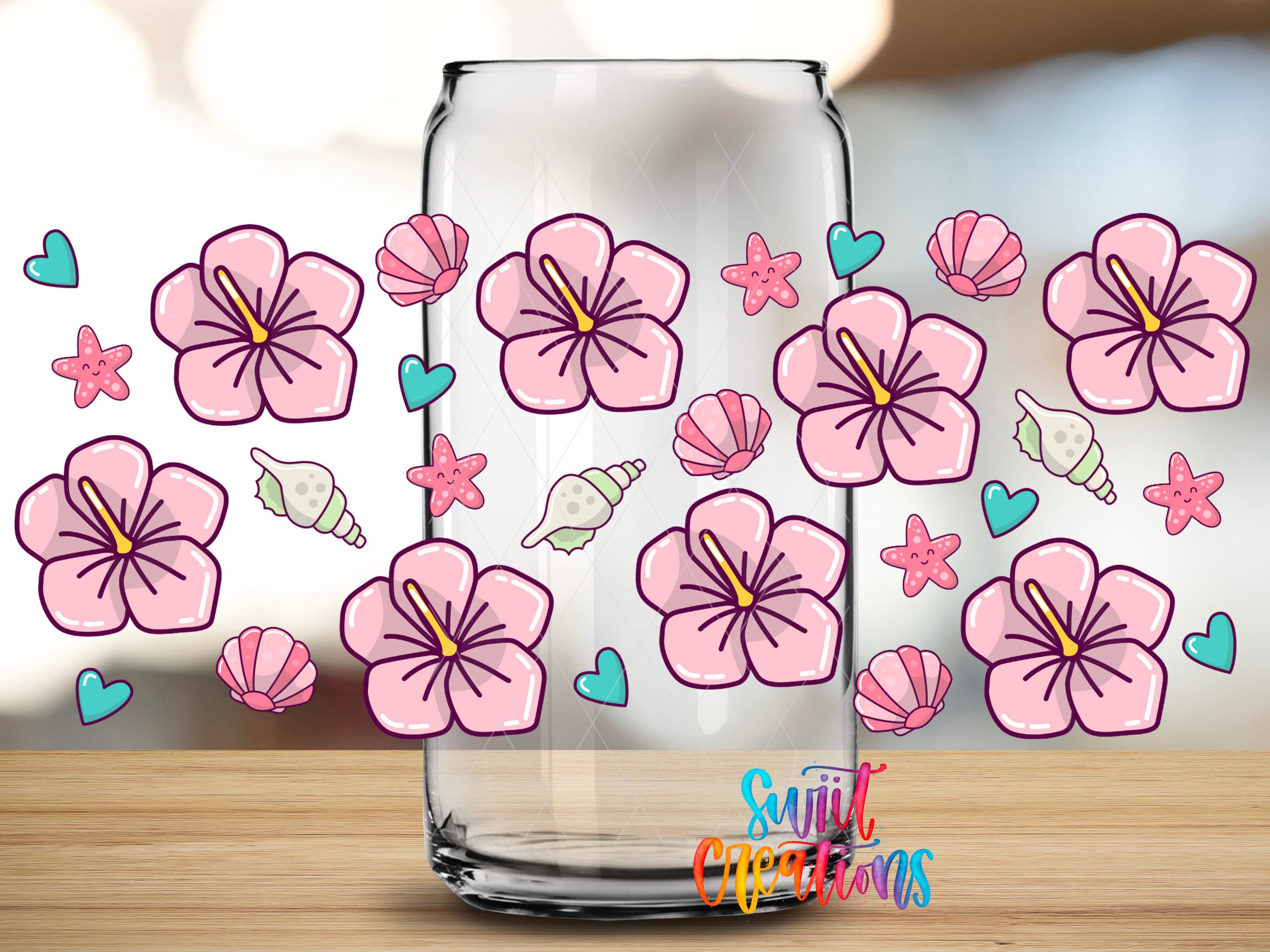 a clear glass jar filled with pink flowers and various sea-themed illustrations, such as hearts, shells, and starfish, scattered around the jar.