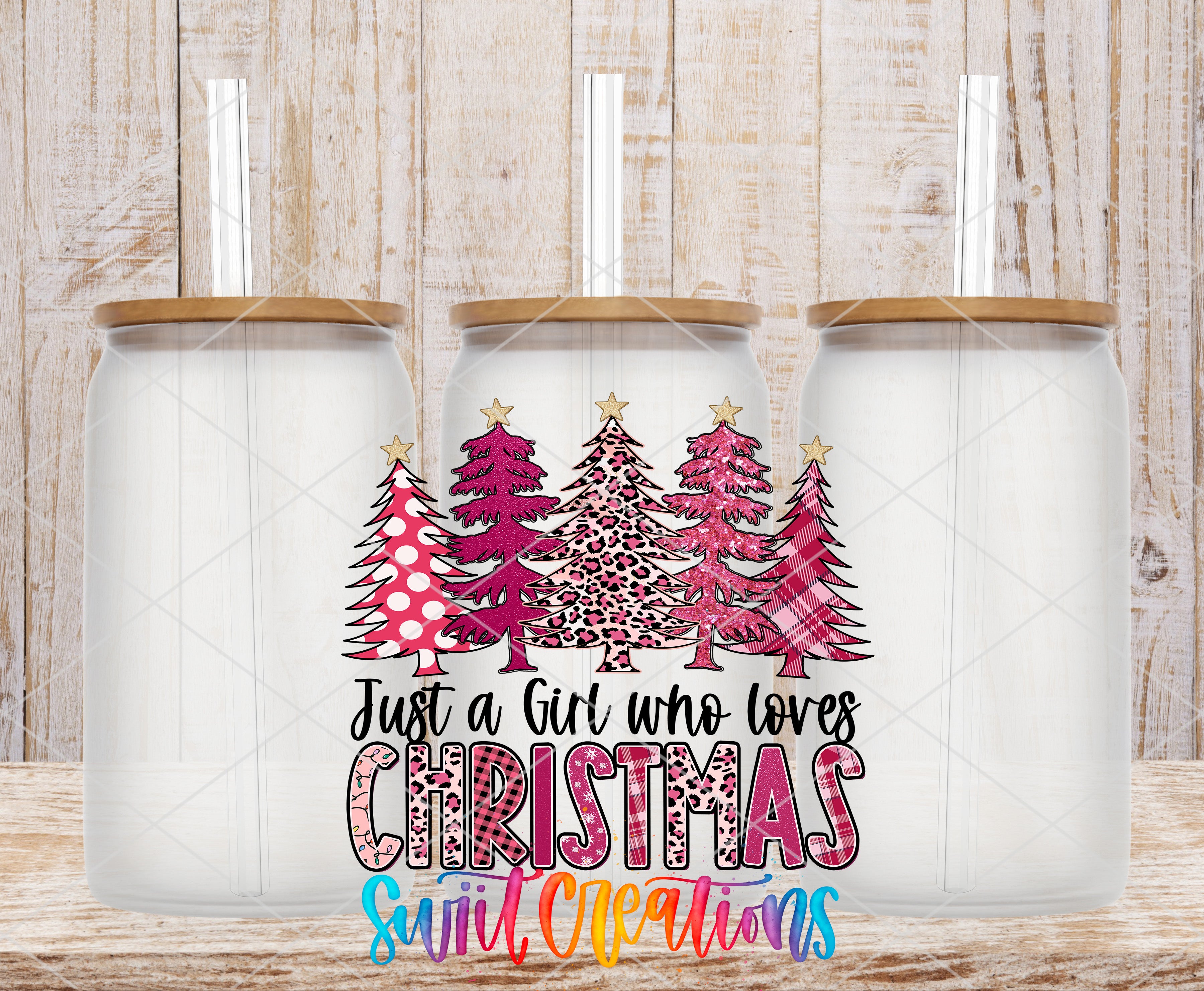 three glass jars with Christmas tree designs and a text overlay that reads "Just a girl who loves Christmas sweet creations".