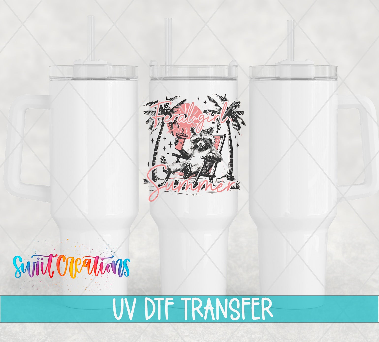 three white tumblers with a graphic design on the center one, which says "Summer". The text "UV Dtf Transfer" is displayed below the image.