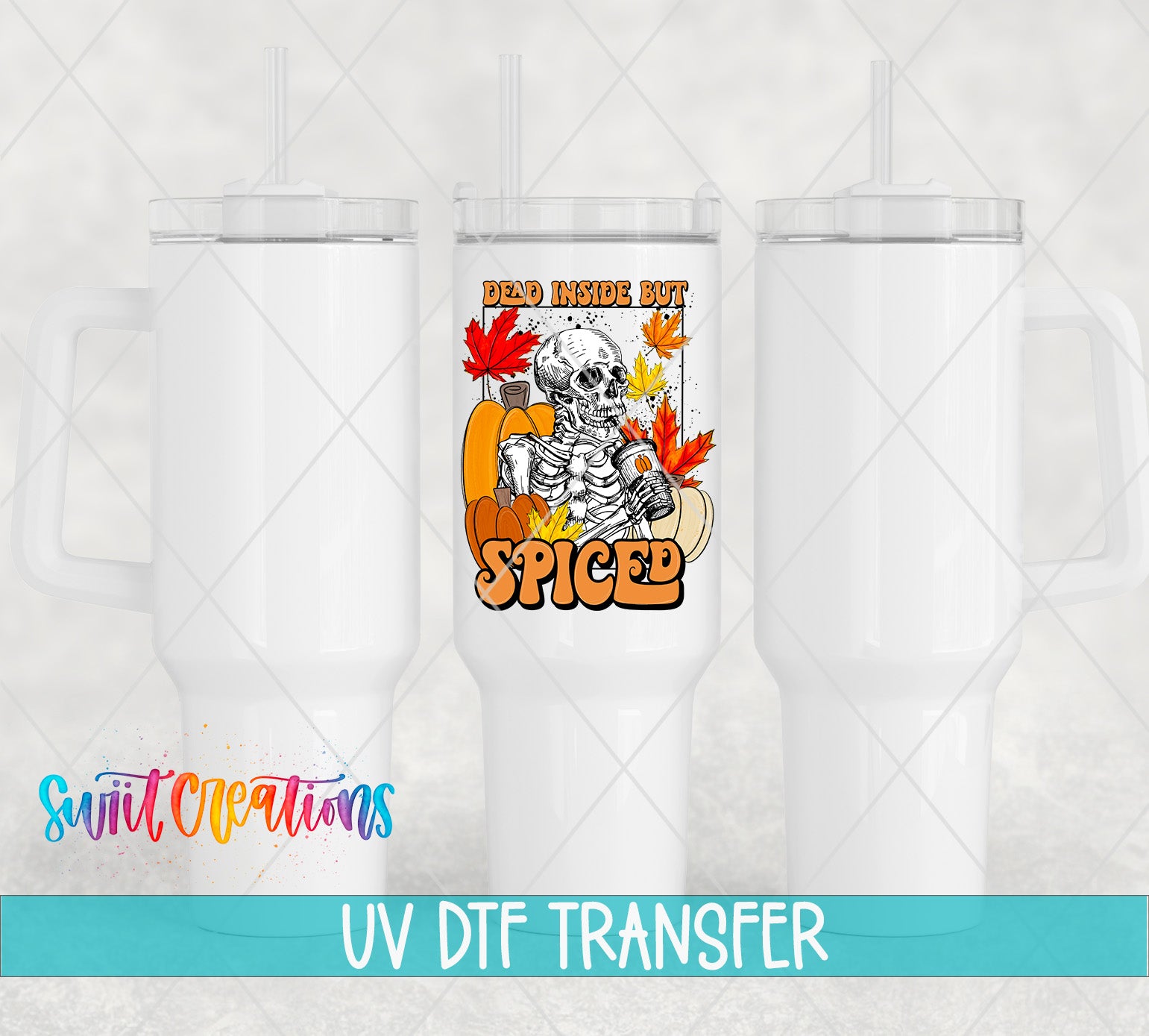 a white ceramic mug with a printed design on it, including a skeleton and autumn leaves. The mug has a handle on the left side and a straw on the right side. The mug is set against a white background, and there is text at the bottom of the image that reads "UV DFT TRANSFER".