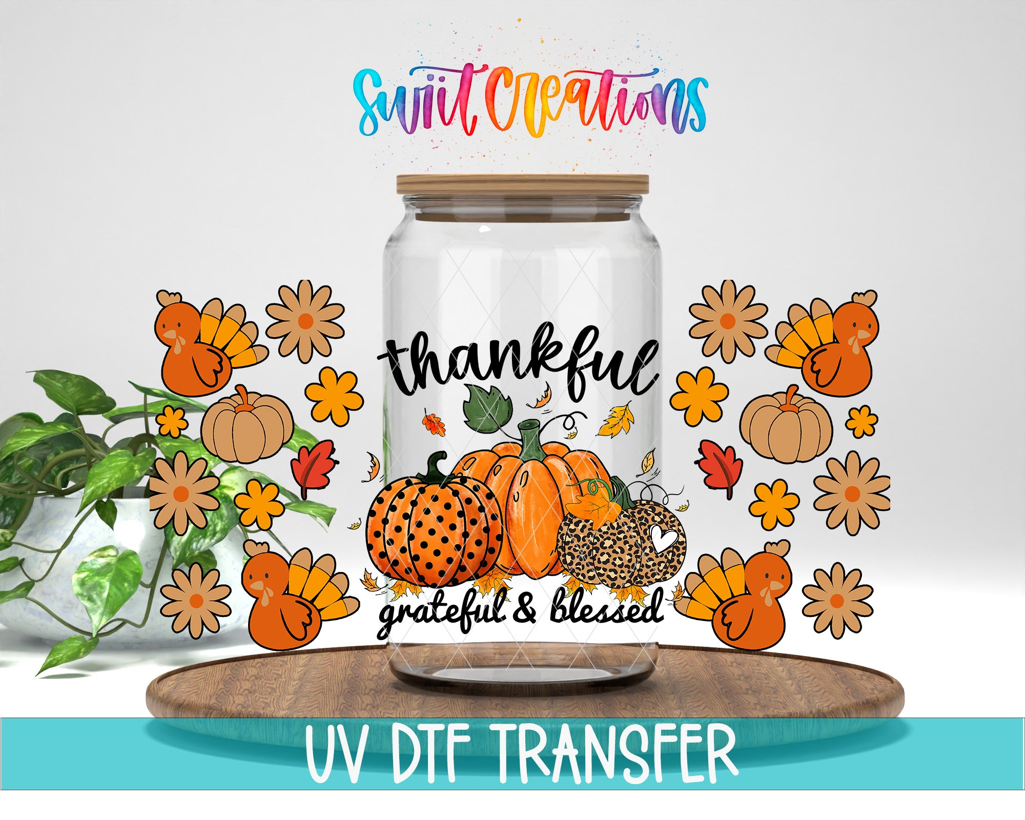 A glass jar with a Thanksgiving-themed design, including pumpkins, turkeys, and flowers, surrounded by a colorful autumnal background.