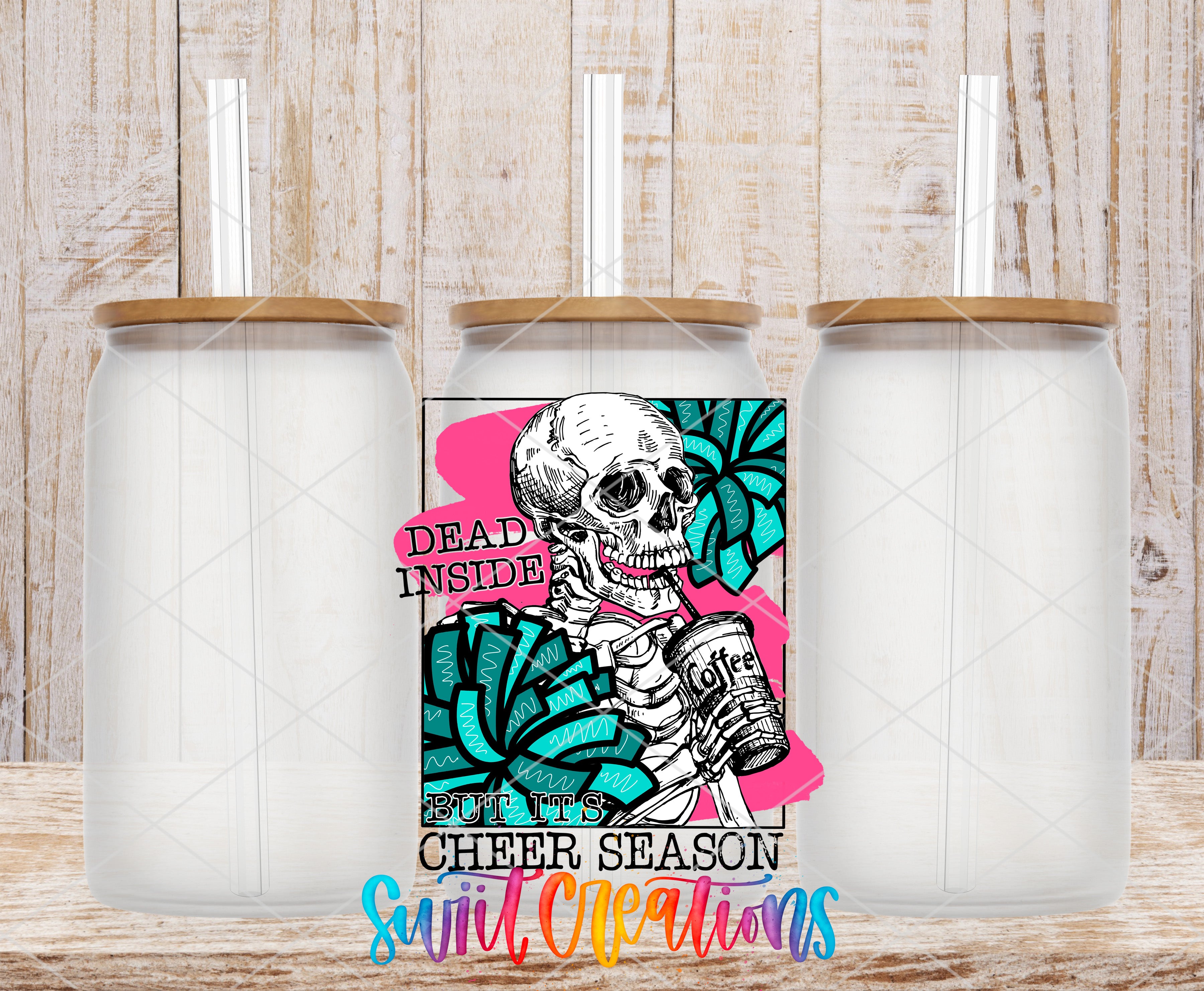 a colorful illustration of a skeleton holding a drink, accompanied by the text "Dead inside but it's cheer season" and "suit cleanings".