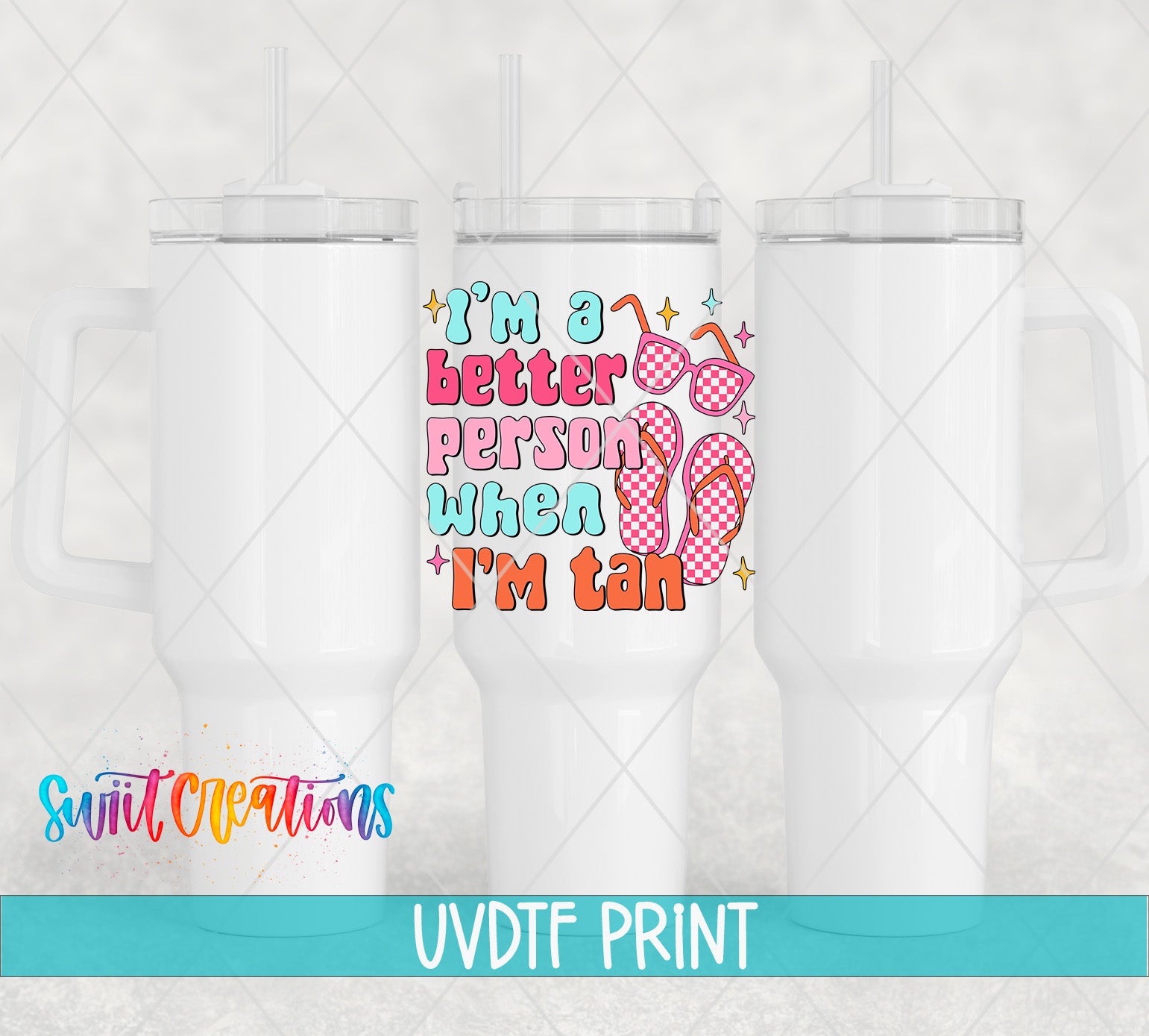three white tumblers with a colorful graphic design on the front, including sunglasses and a beach-themed background.