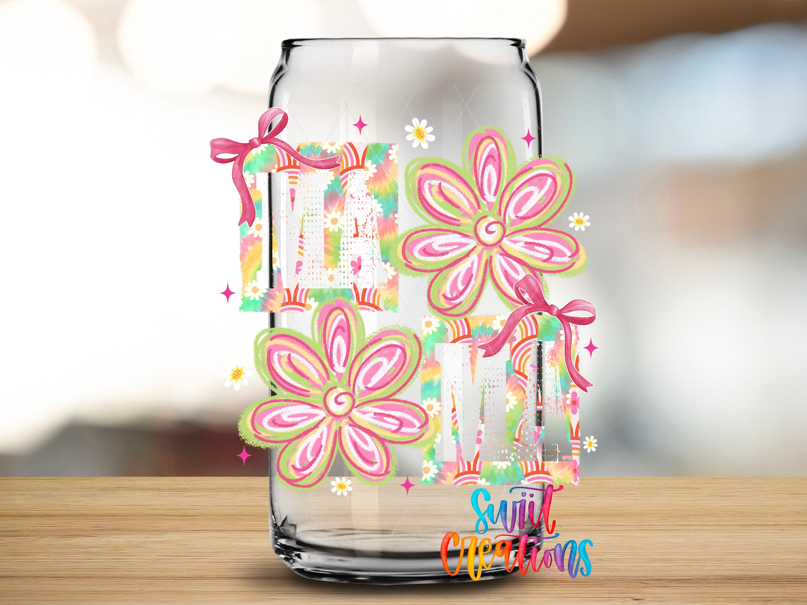 A glass jar with colorful floral designs and the text "Silly Christmas" printed on it.