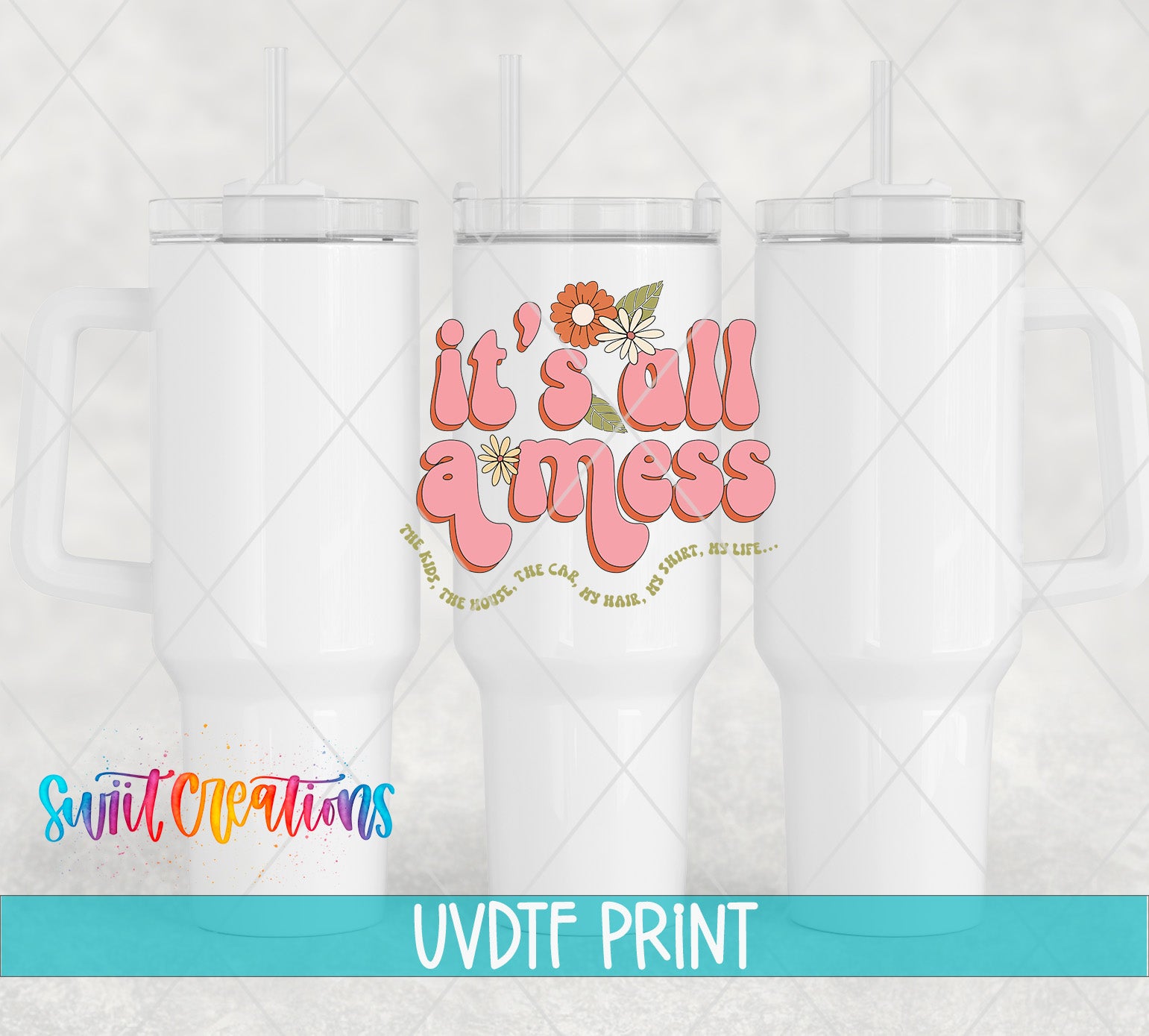 three white tumblers with a pink and orange design on the front, including a floral pattern and text.