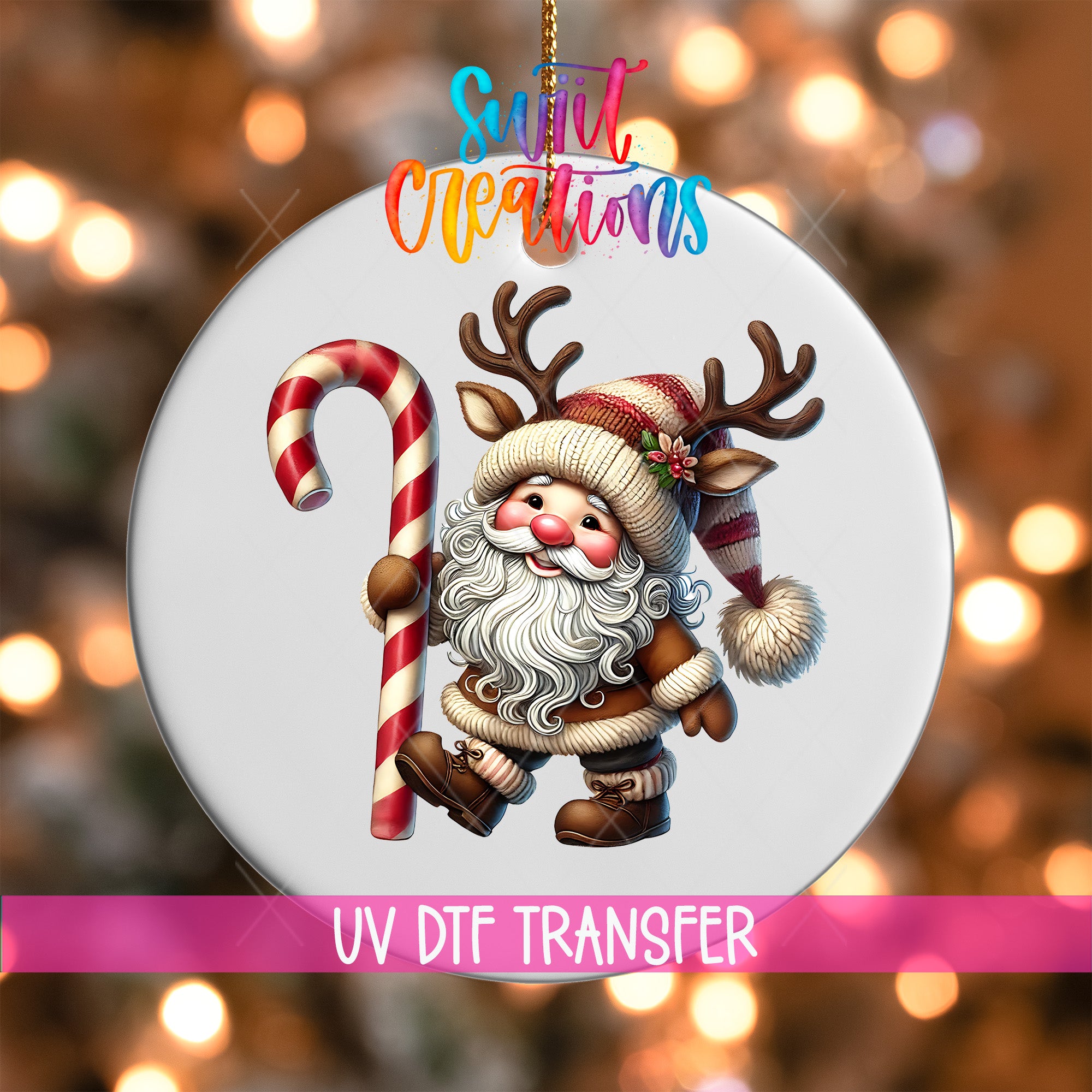 A white ornament with a Santa Claus figure holding a candy cane and antlers, with a colorful background and text overlay.