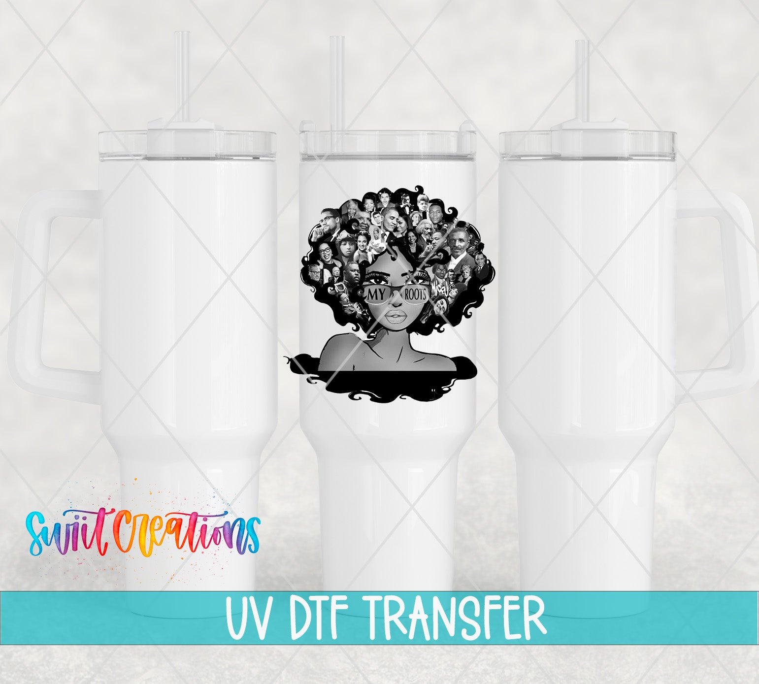 a white ceramic mug with a black and white illustration of a woman's face surrounded by a crowd of people. The mug has a handle on the left side and a straw on the right side. The mug is set against a light background, and there is text at the bottom of the image that reads "UV DFT TRANSFER".