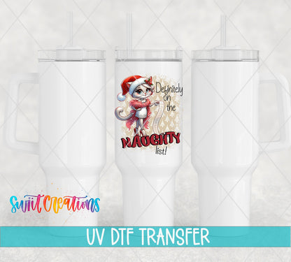 Swiit Creations UV DTF Naughty List Christmas Cat transfer displayed on a white coffee mug